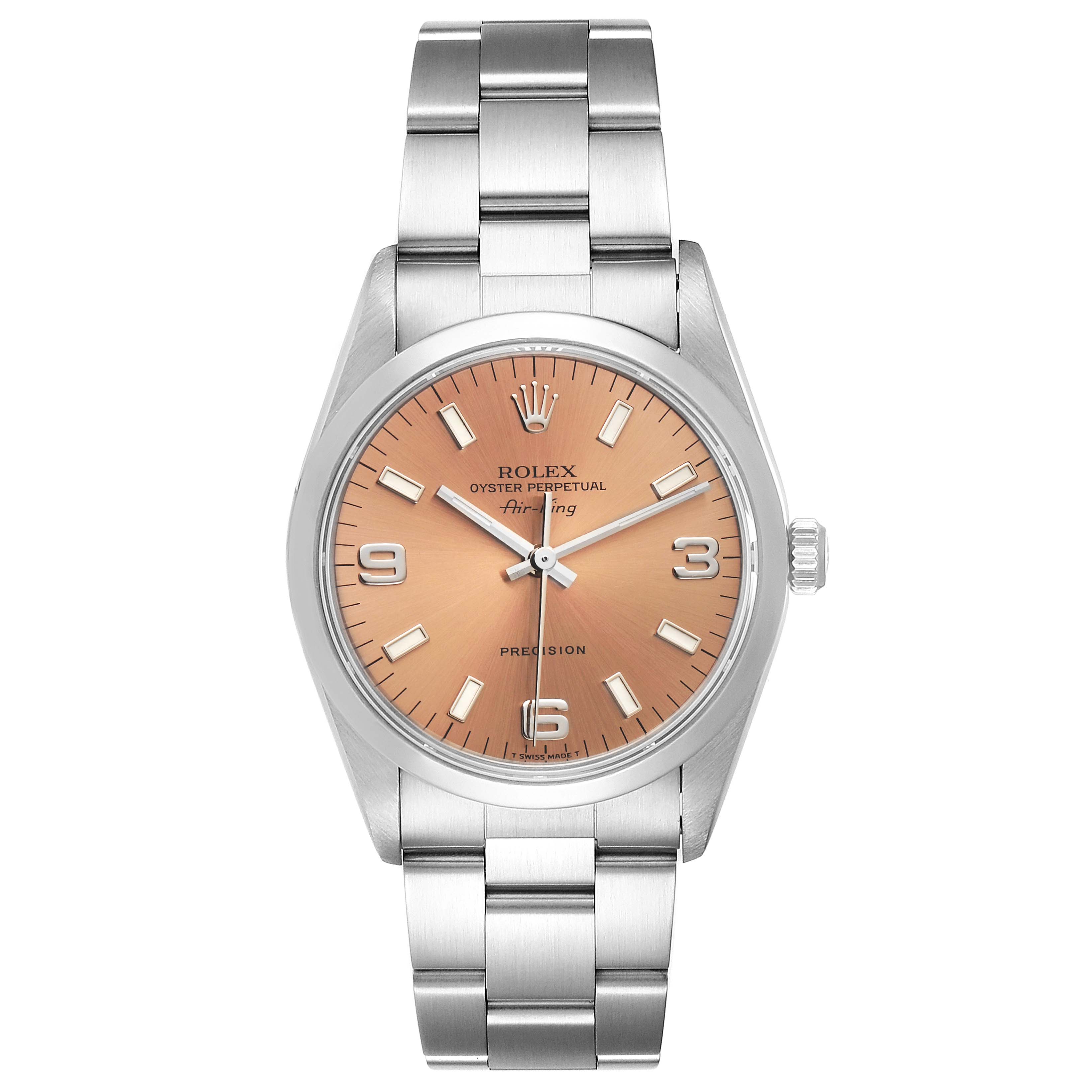 The image shows a front view of a Rolex Air-King 14000 Men's Stainless Steel Pink Dial 14000 Men's Stainless Steel Pink Dial watch, displaying its dial, case, and bracelet.