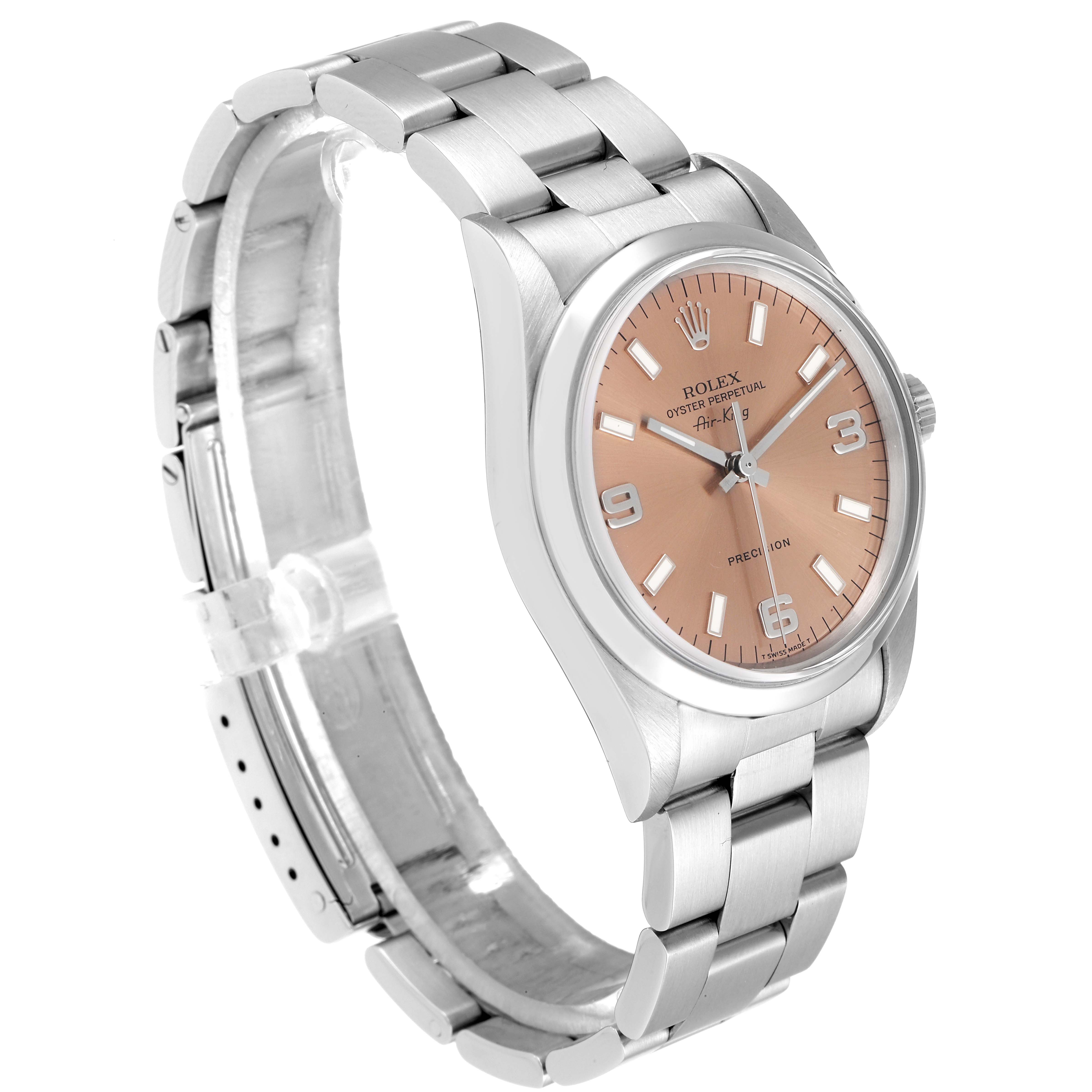 The Rolex Air-King 14000 Men's Stainless Steel Pink Dial 14000 Men's Stainless Steel Pink Dial watch is shown at a three-quarter angle, highlighting the dial, bezel, and bracelet.