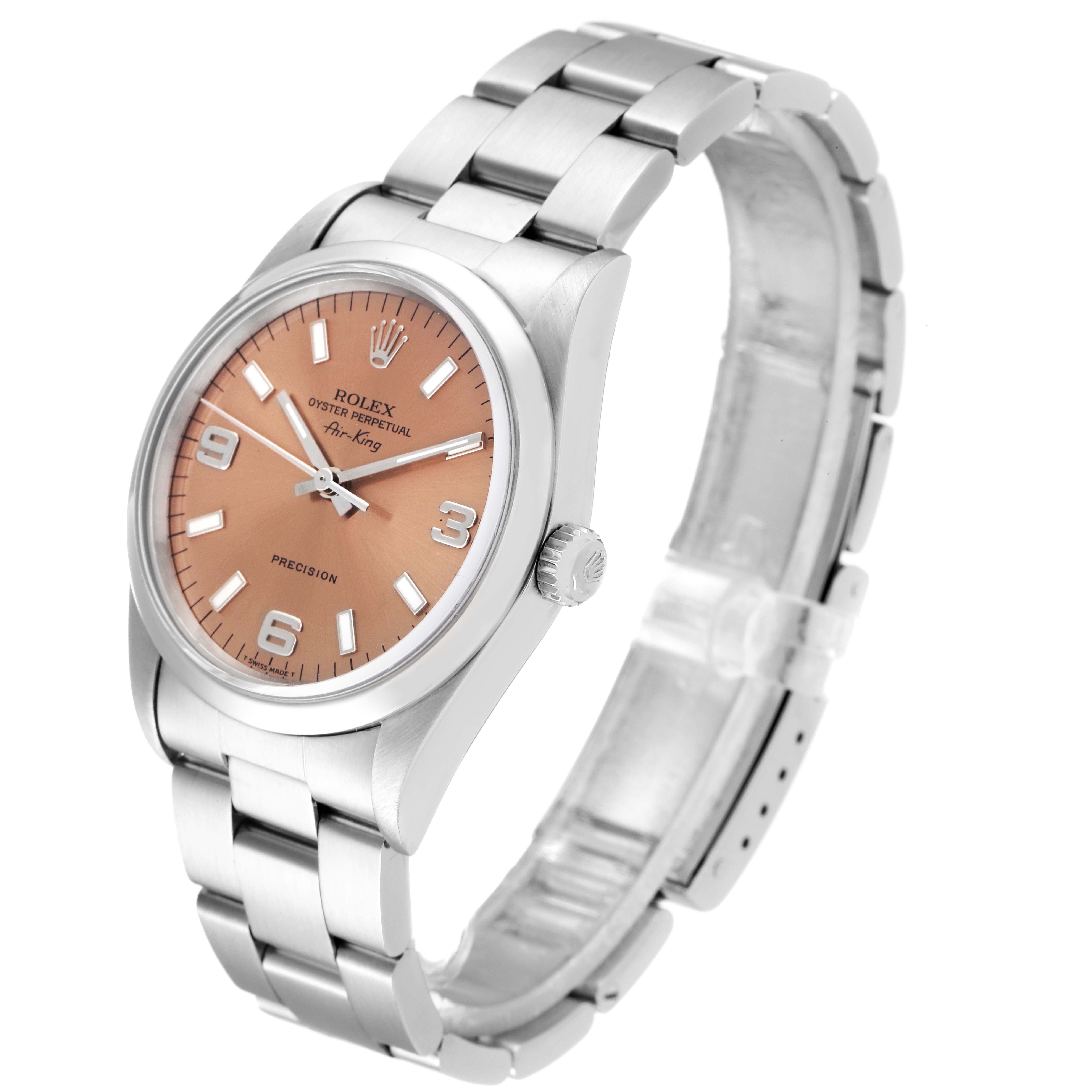 The image shows a Rolex Air-King 14000 Men's Stainless Steel Pink Dial 14000 Men's Stainless Steel Pink Dial watch at an angled view, highlighting the dial, crown, and stainless steel bracelet.