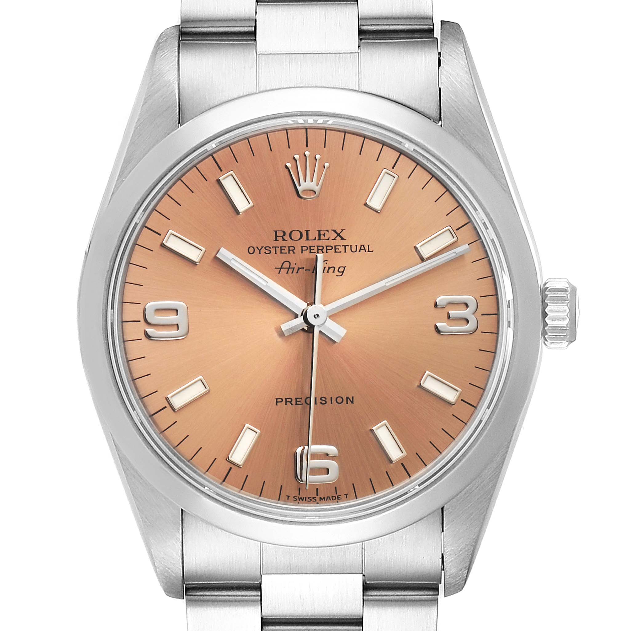 This image shows a front view of the Rolex Air-King 14000 Men's Stainless Steel Pink Dial 14000 Men's Stainless Steel Pink Dial watch, highlighting its dial, bezel, crown, and bracelet.