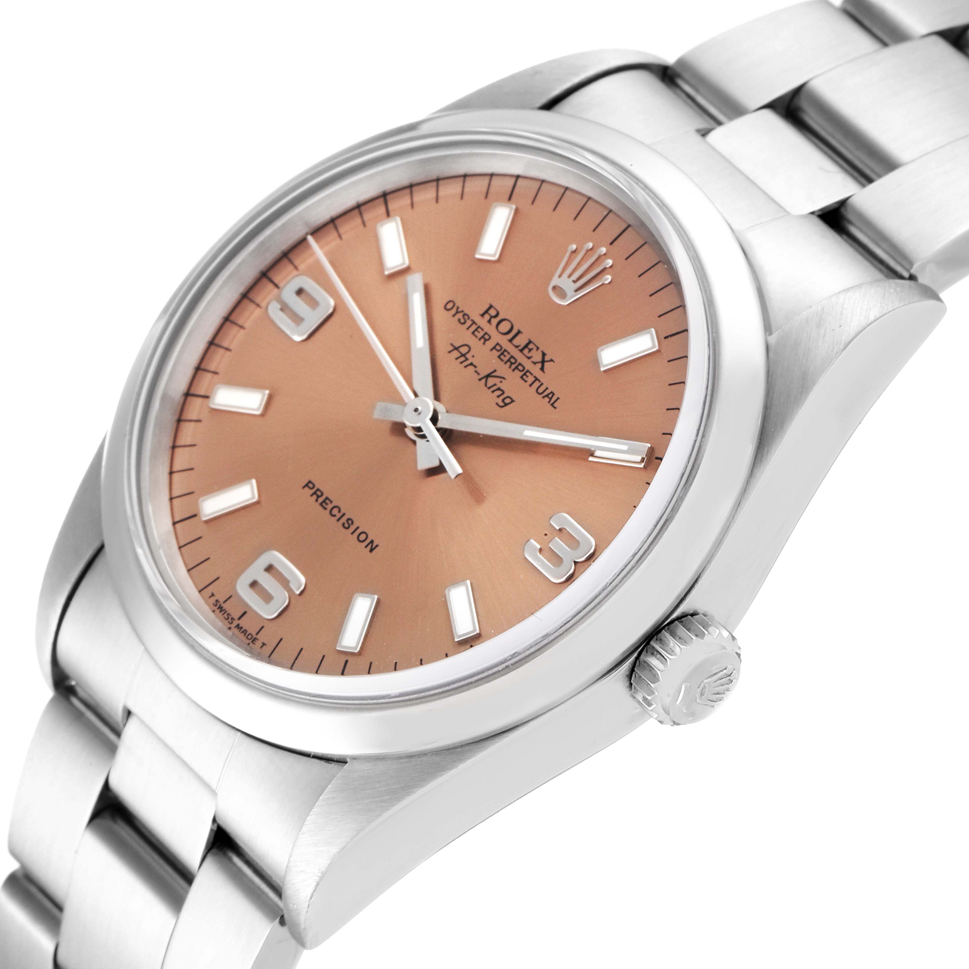 The image shows a Rolex Air-King 14000 Men's Stainless Steel Pink Dial 14000 Men's Stainless Steel Pink Dial watch at a slightly angled side view, highlighting the face, crown, and stainless steel bracelet.