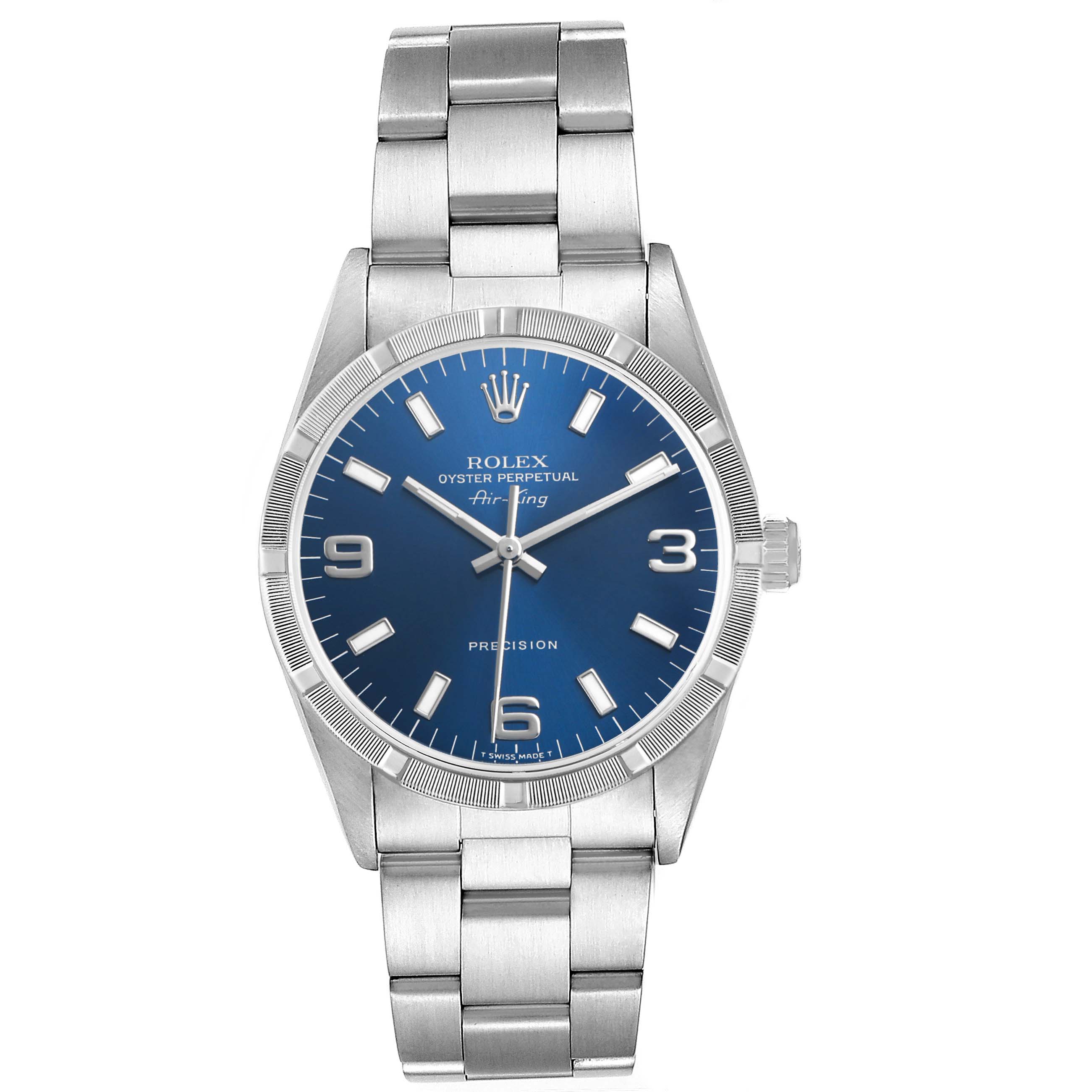 The Rolex Air-King 14010 Men's Stainless Steel Blue Dial watch is shown from a front angle, highlighting the blue dial, bezel, crown, and bracelet.