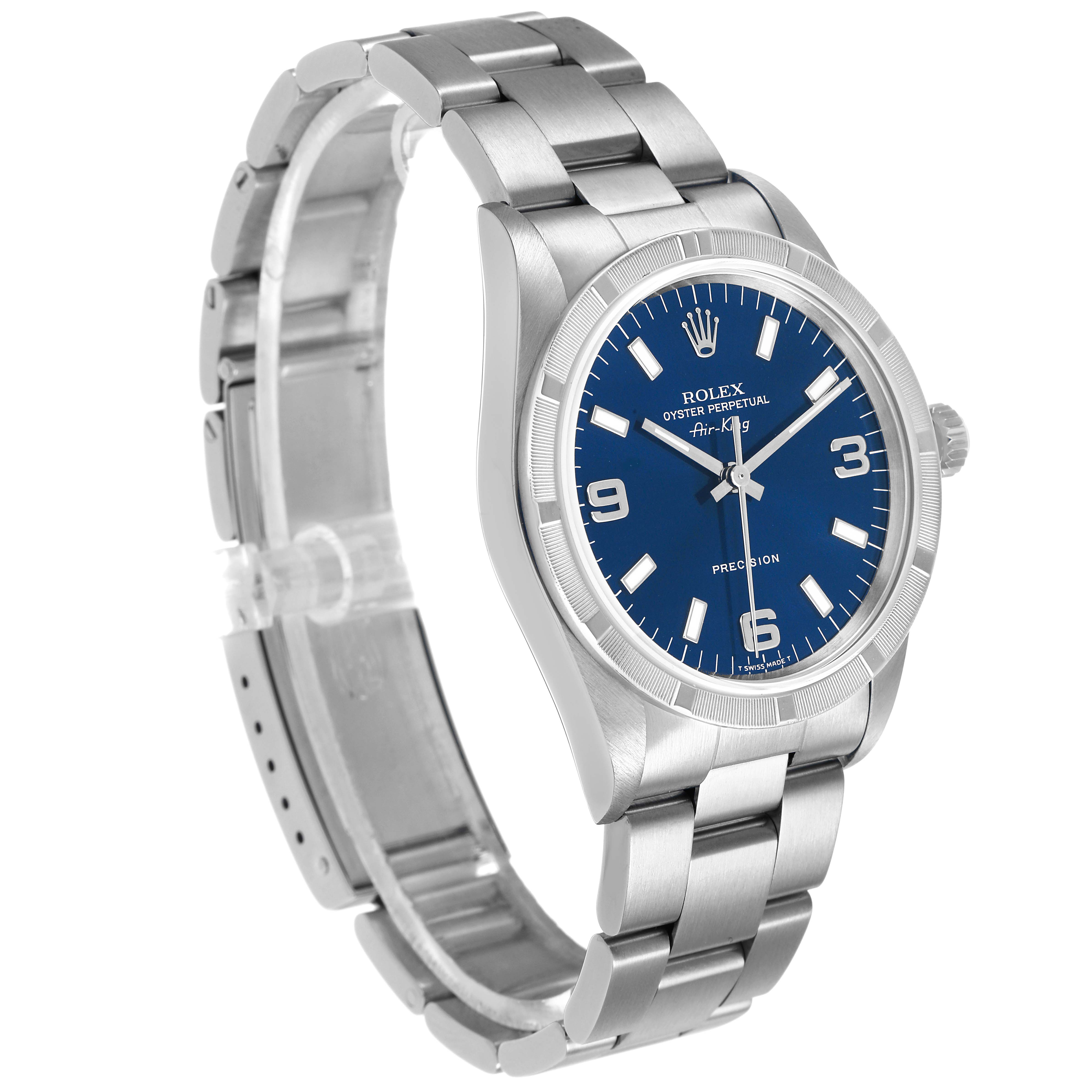 The Rolex Air-King 14010 Men's Stainless Steel Blue Dial watch is shown at a three-quarter angle, highlighting its blue dial, bezel, and metal bracelet.