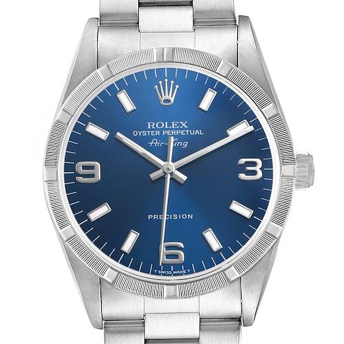 The Rolex Air-King 14010 Men's Stainless Steel Blue Dial watch is shown from a frontal angle, highlighting its blue dial, silver indices, and metal bracelet.