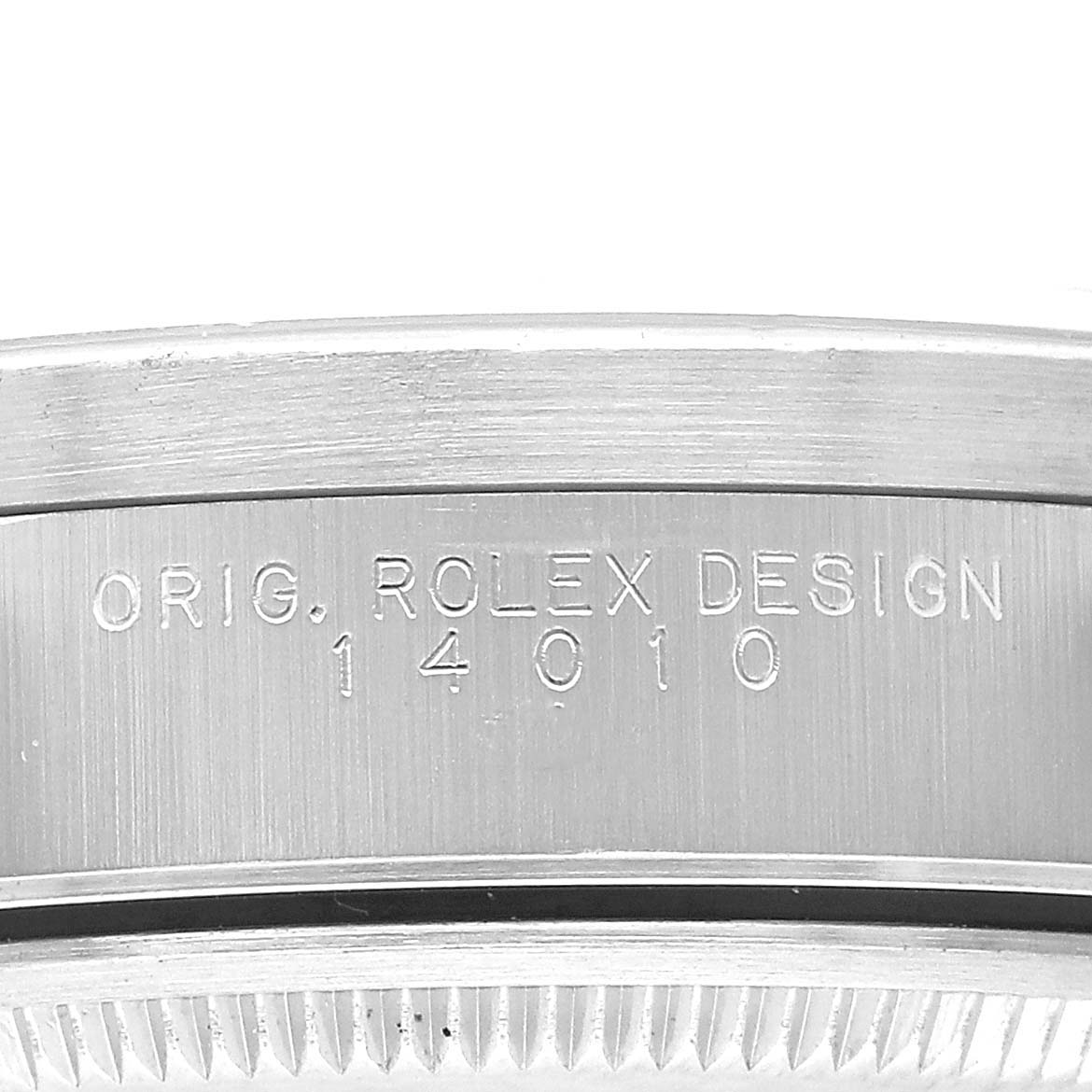 The image shows the side view of a Rolex Air-King 14010 Men's Stainless Steel Blue Dial case with engraved model information.