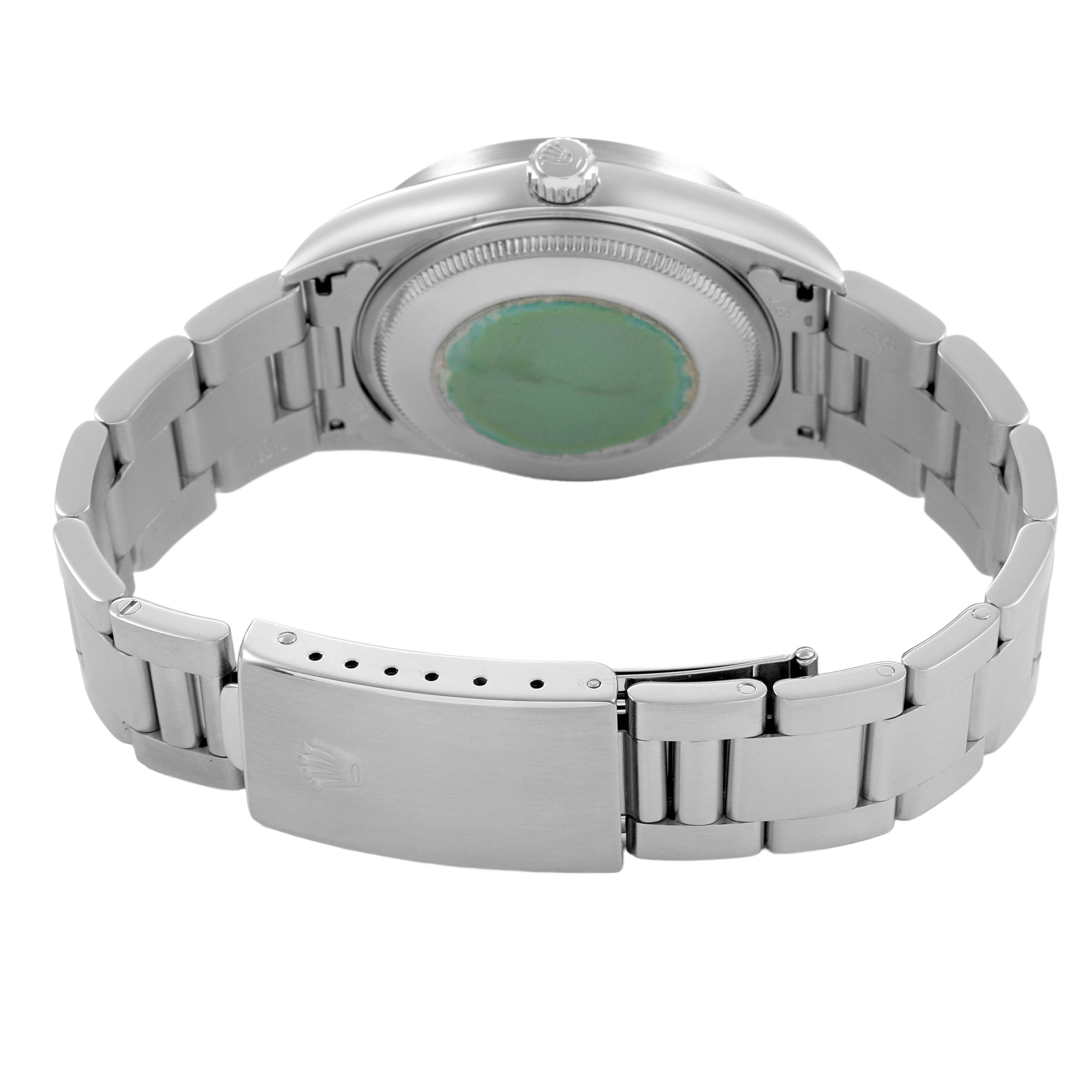 The image shows the back view of the Rolex Air-King 14010 Men's Stainless Steel Blue Dial watch, highlighting the clasp and bracelet links.