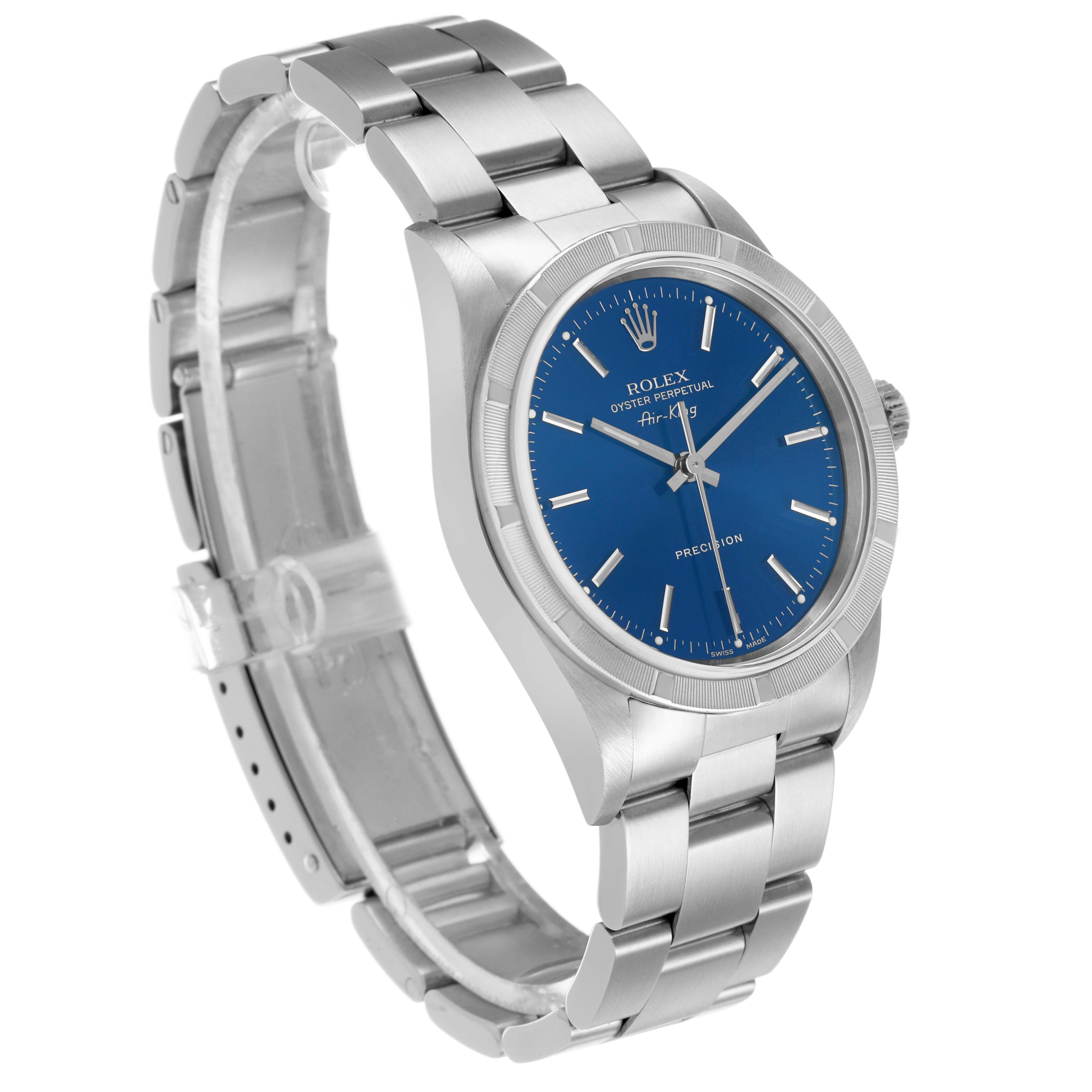 The Rolex Air-King 14010 Men's Stainless Steel Blue Dial watch is shown at a slight angle, displaying the face, bezel, crown, and bracelet clearly.