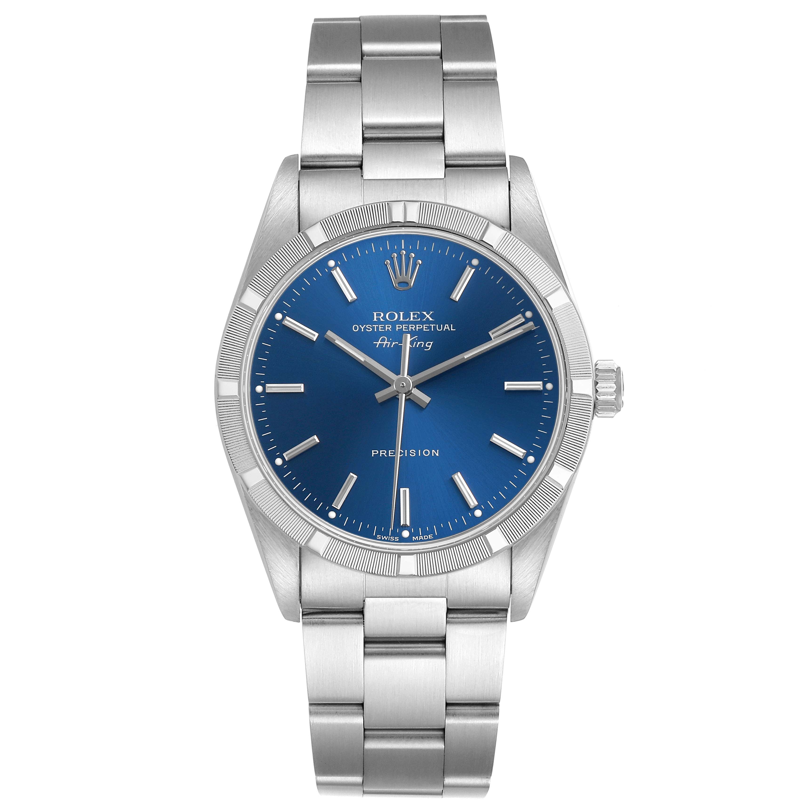 The Rolex Air-King 14010 Men's Stainless Steel Blue Dial watch is shown from the front, highlighting the blue dial, silver hands, and bracelet.