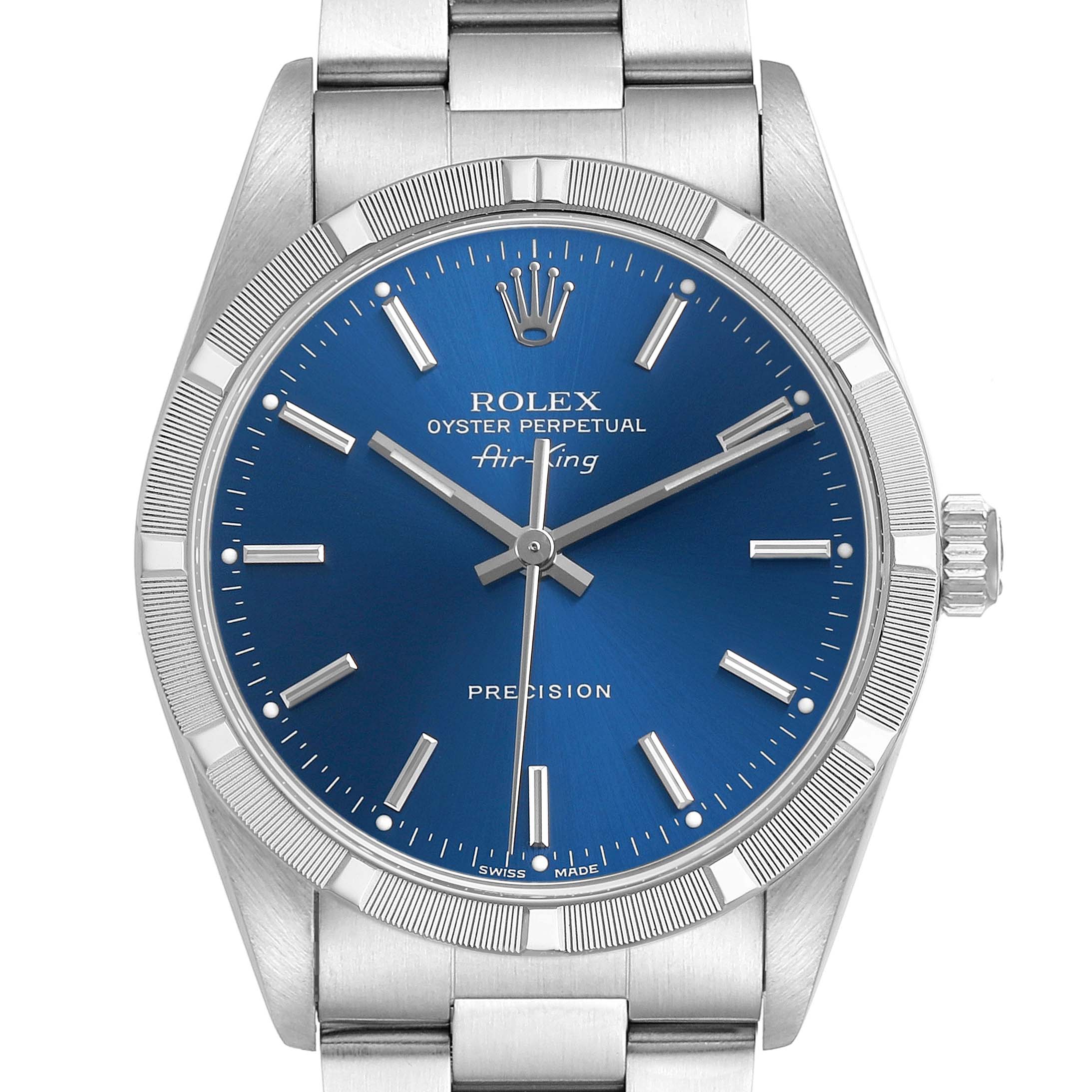 The Rolex Air-King 14010 Men's Stainless Steel Blue Dial watch is shown from the front, highlighting the blue dial, silver markers, bezel, case, and bracelet.