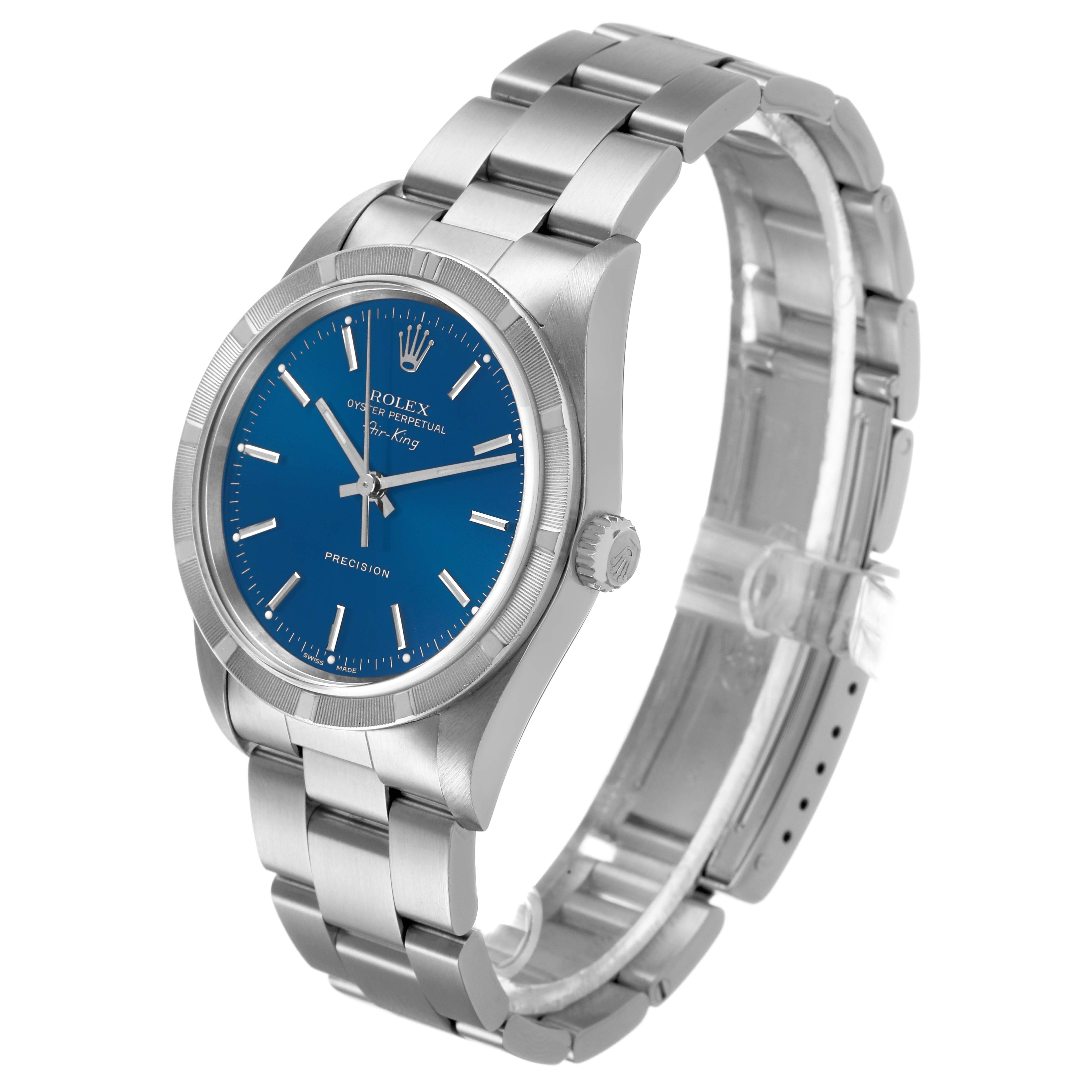 The Rolex Air-King 14010 Men's Stainless Steel Blue Dial watch is shown at a three-quarter angle, displaying the blue dial, case, crown, and metal bracelet.