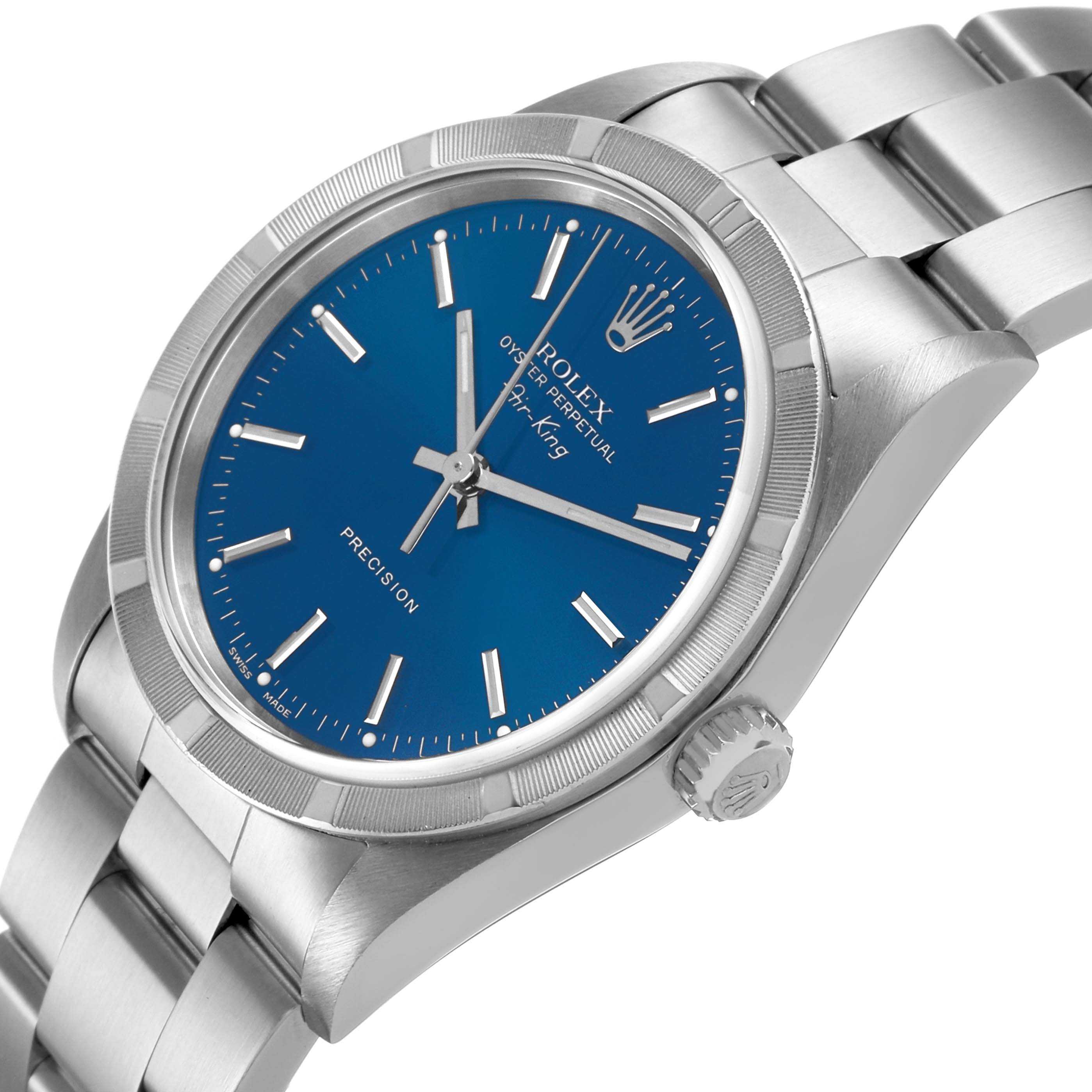 The Rolex Air-King 14010 Men's Stainless Steel Blue Dial watch is shown at a slight angle, highlighting the blue dial, crown, and part of the bracelet.