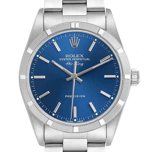 The Rolex Air-King 14010 Men's Stainless Steel Blue Dial watch is shown from a front angle, highlighting the blue dial, hour markers, hands, bezel, and bracelet.
