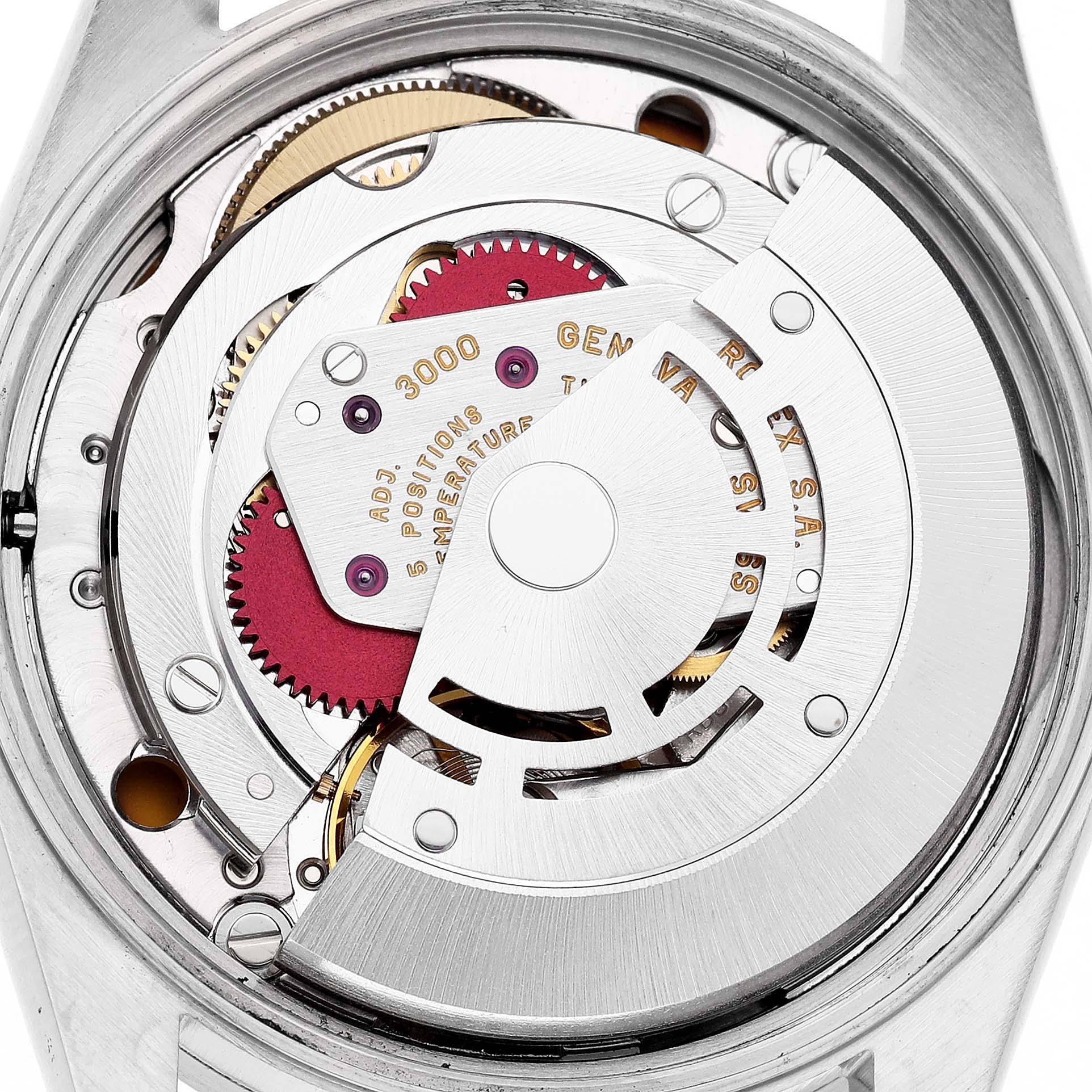 The image shows the movement from the back of a Rolex Air-King 14010 Men's Stainless Steel Blue Dial, highlighting its intricate internal mechanism.