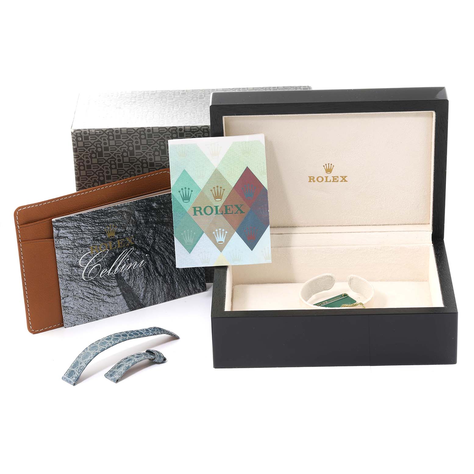 The image shows a Rolex Cellini 6673 Women's White Gold Mother of Pearl Dial 6673 Women's White Gold Mother of Pearl Dial watch box, warranty card, booklet, and extra straps from a front angle.