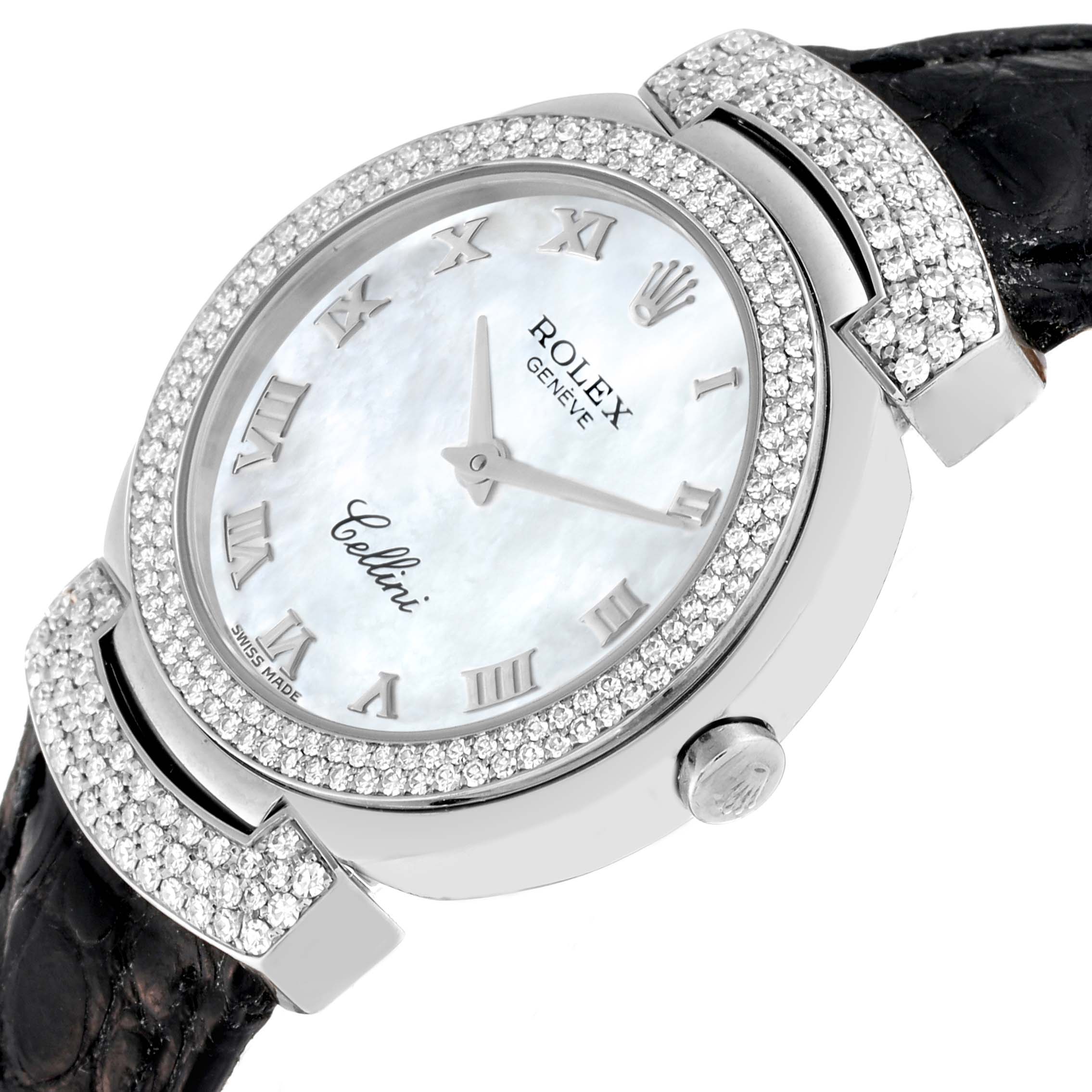 The Rolex Cellini 6673 Women's White Gold Mother of Pearl Dial 6673 Women's White Gold Mother of Pearl Dial watch is shown at a slight angle, highlighting its diamond-studded bezel and elegant dial.
