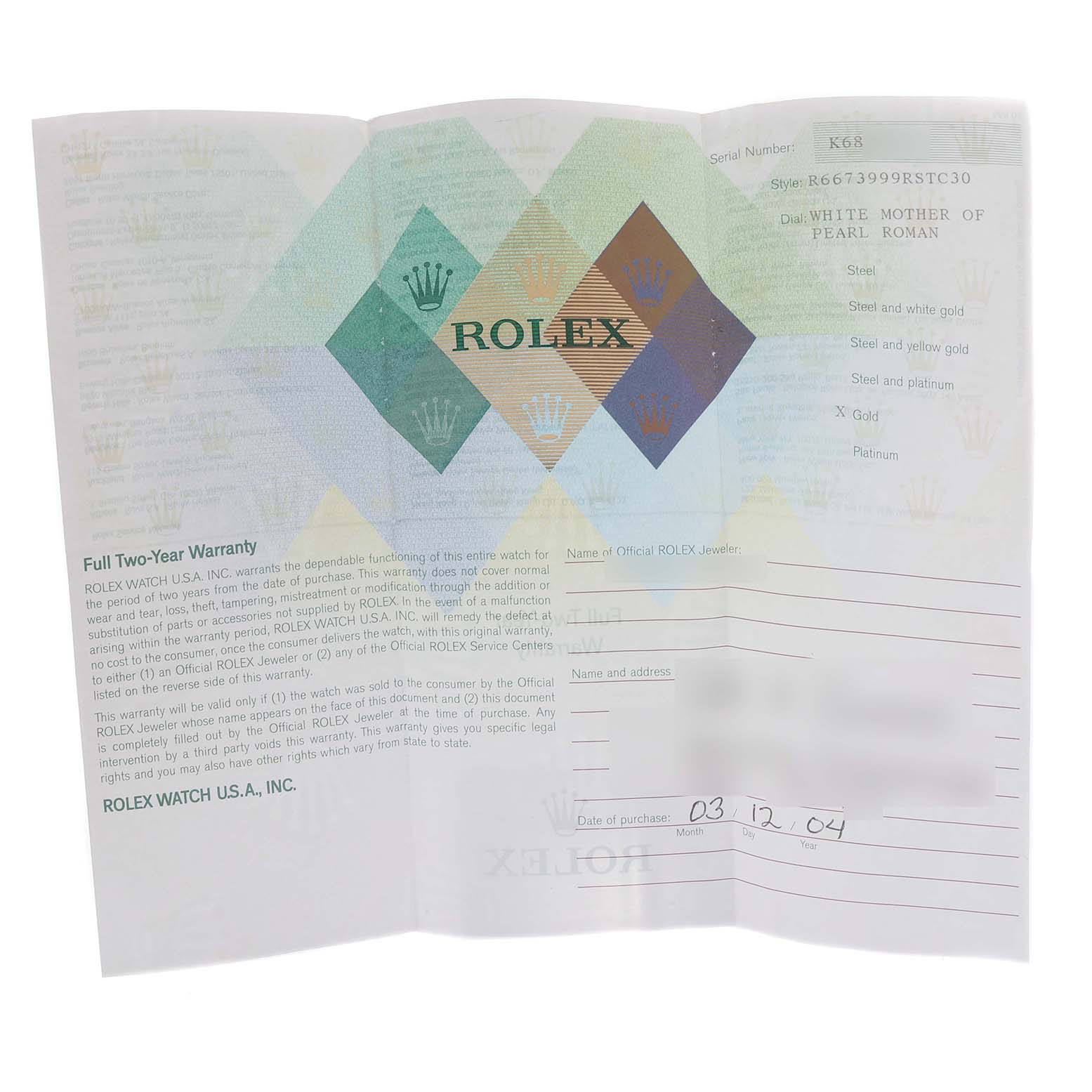 The image shows the warranty certificate for a Rolex Cellini 6673 Women's White Gold Mother of Pearl Dial 6673 Women's White Gold Mother of Pearl Dial watch, including style, serial number, and clasp types.