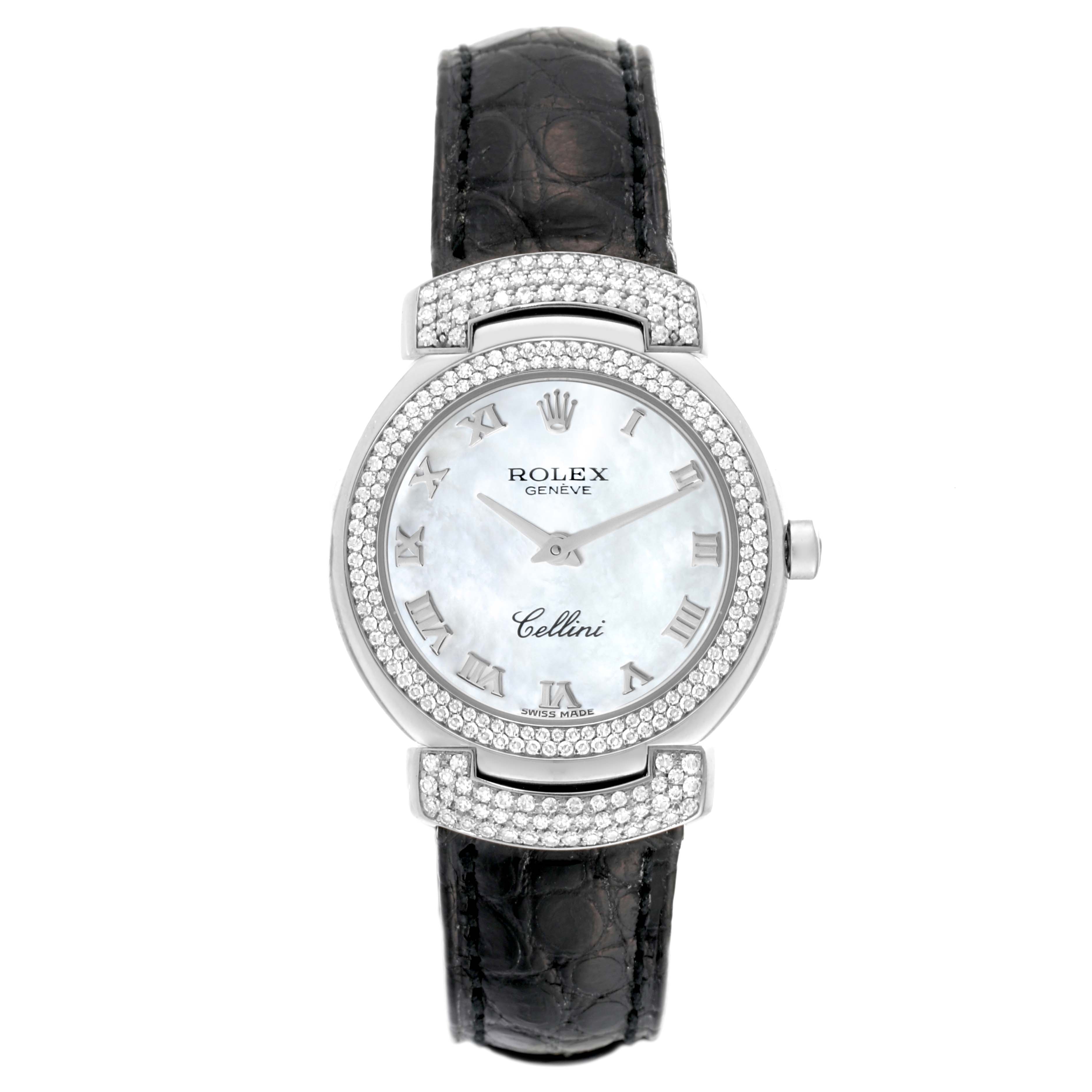 The Rolex Cellini 6673 Women's White Gold Mother of Pearl Dial 6673 Women's White Gold Mother of Pearl Dial watch is shown from a top-down angle, highlighting its face, bezel, and strap.