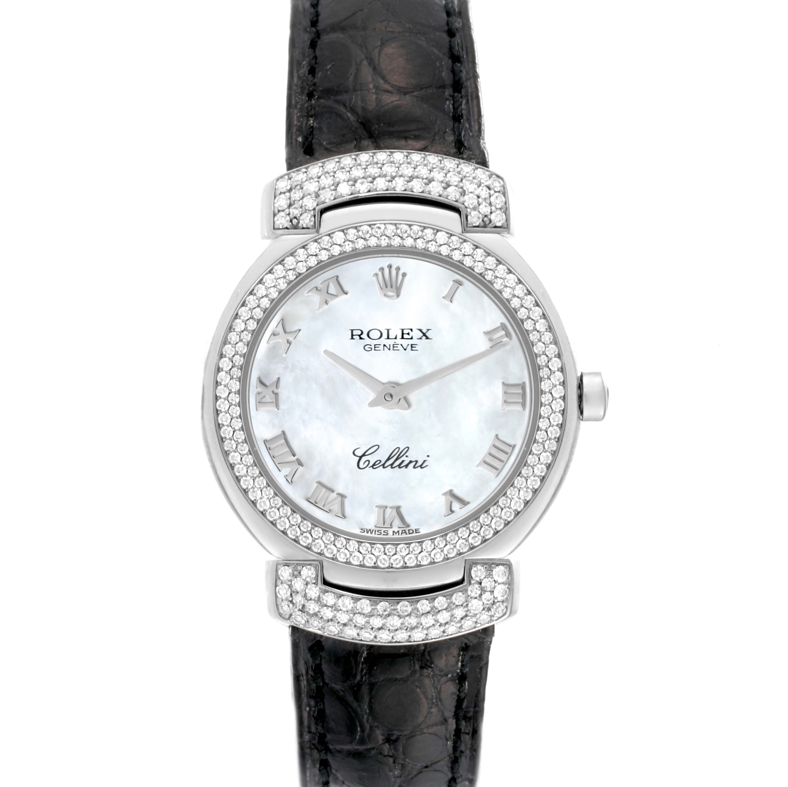 This image shows a front view of a Rolex Cellini 6673 Women's White Gold Mother of Pearl Dial 6673 Women's White Gold Mother of Pearl Dial watch, featuring a mother-of-pearl dial, diamond bezel, and black leather strap.