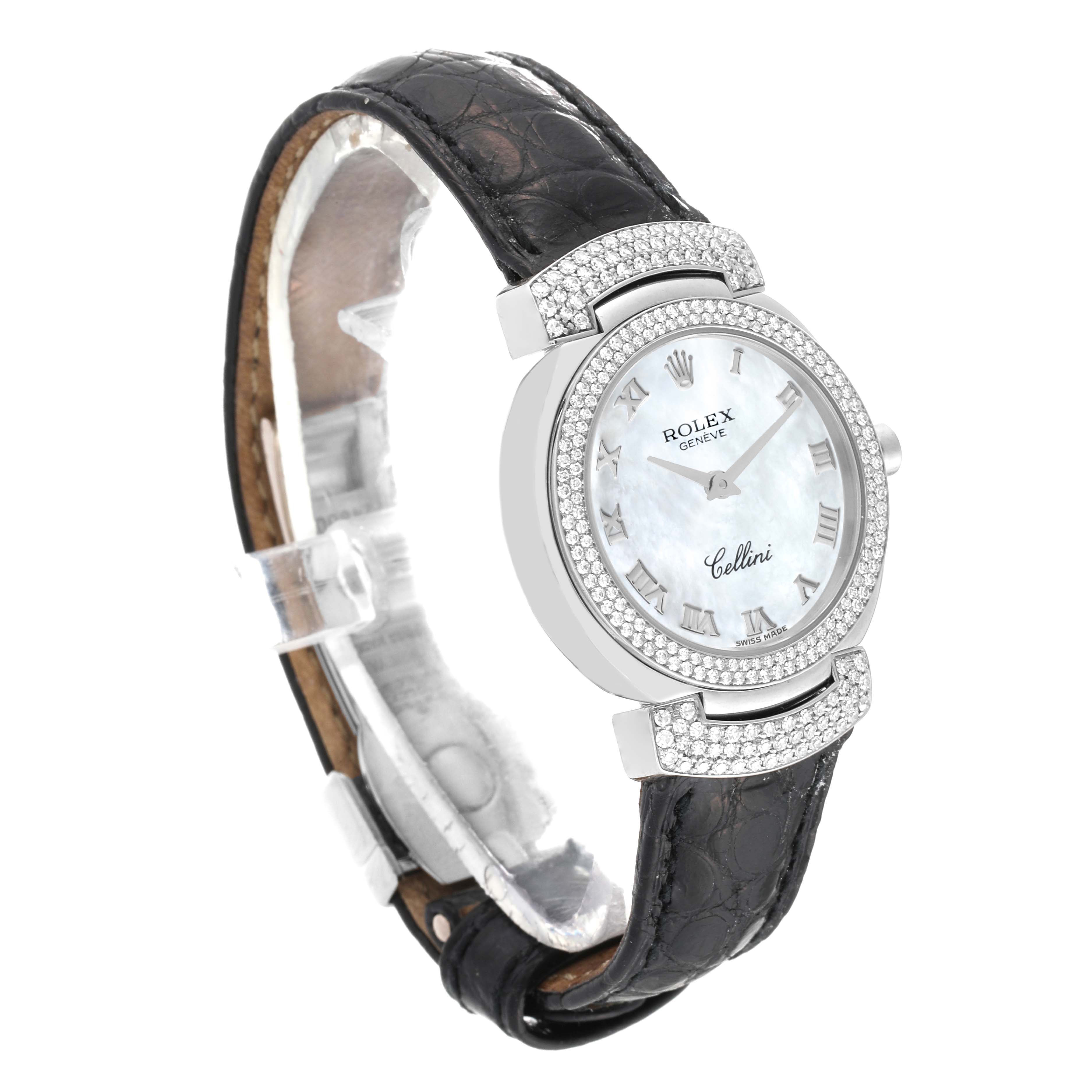 The Rolex Cellini 6673 Women's White Gold Mother of Pearl Dial 6673 Women's White Gold Mother of Pearl Dial watch is angled to show the dial, bezel, and leather strap.
