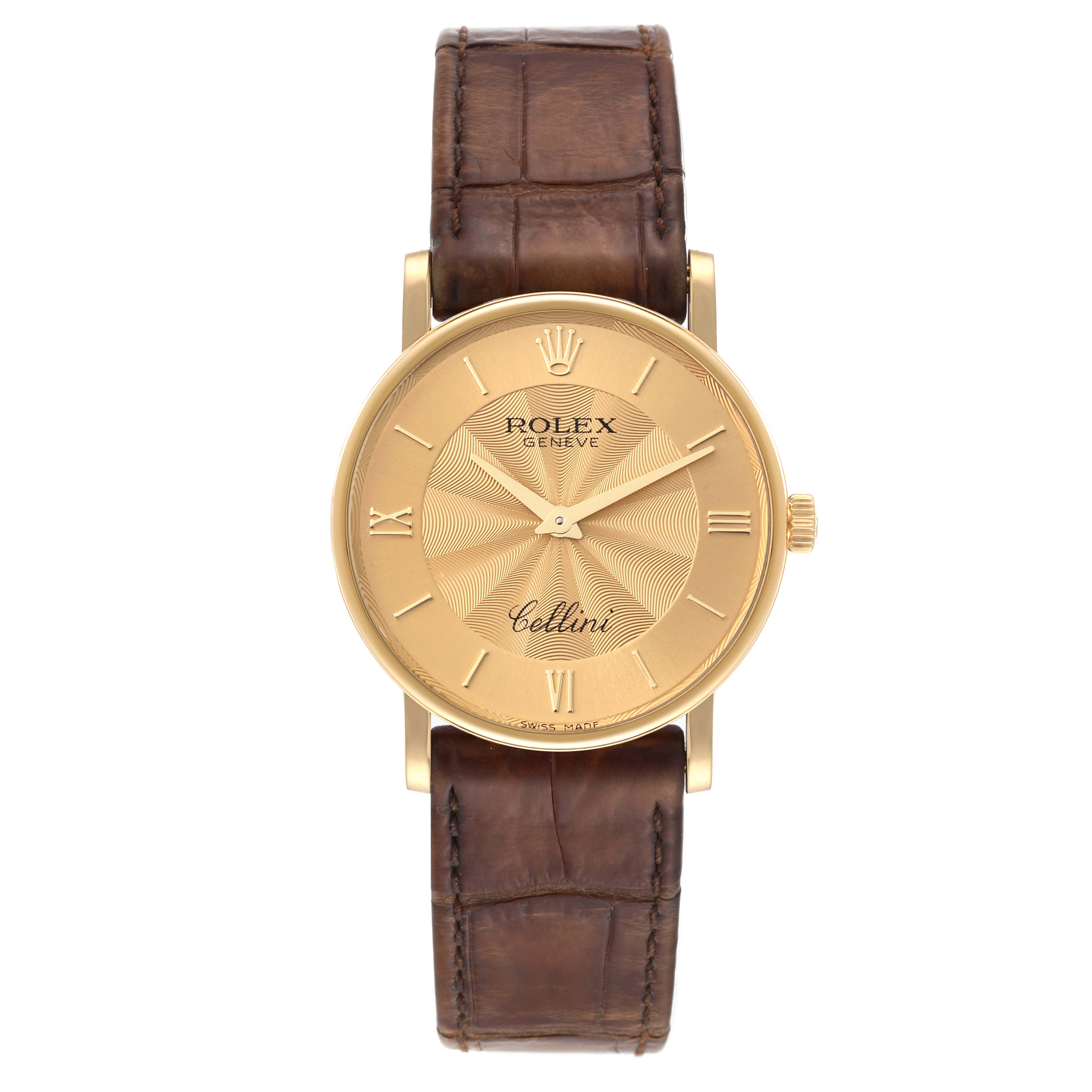 The image shows a front view of the Rolex Cellini 5115 Men's Yellow Gold Champagne Dial 5115 Men's Yellow Gold Champagne Dial watch featuring a gold face and a brown leather strap.