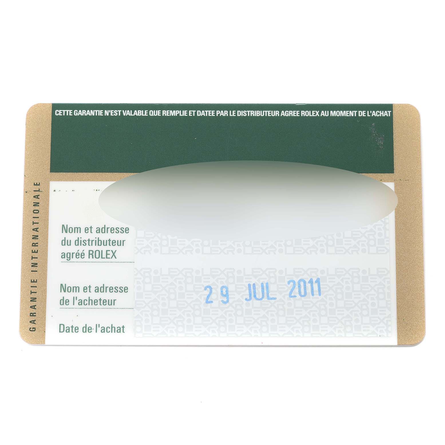 This image shows a warranty card for a Rolex Cellini 5115 Men's Yellow Gold Champagne Dial 5115 Men's Yellow Gold Champagne Dial watch, dated July 29, 2011.