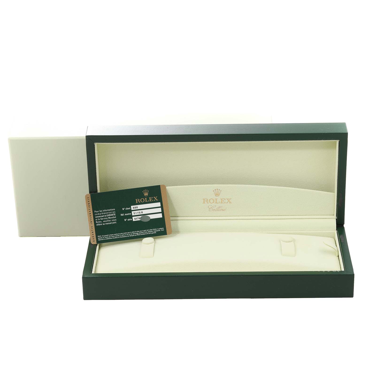 The image shows an open Rolex Cellini 5115 Men's Yellow Gold Champagne Dial 5115 Men's Yellow Gold Champagne Dial watch box with a warranty card displayed inside.