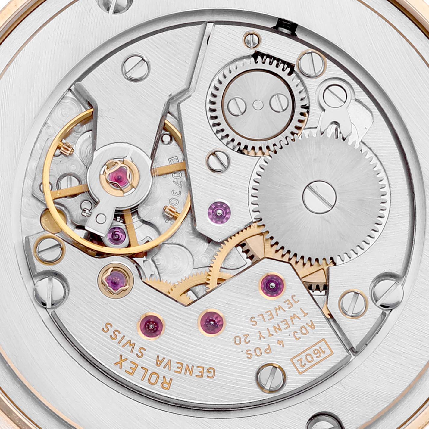 This image shows a close-up of the movement and internal mechanisms of a Rolex Cellini 5115 Men's Yellow Gold Champagne Dial 5115 Men's Yellow Gold Champagne Dial watch.