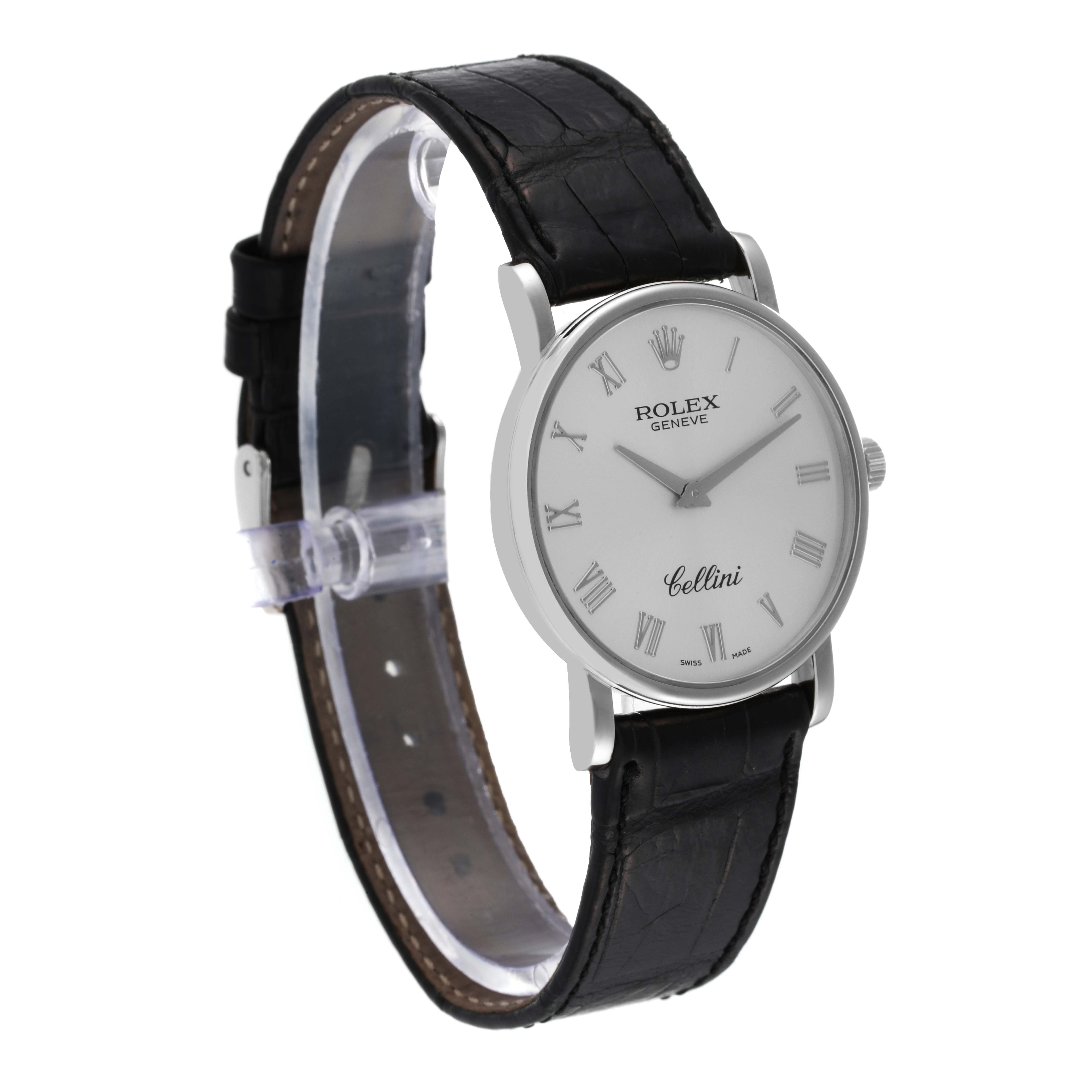 The image shows a side and front angle of a Rolex Cellini 5115 Men's White Gold Silver Dial 5115 Men's White Gold Silver Dial watch with a black leather strap and white dial.