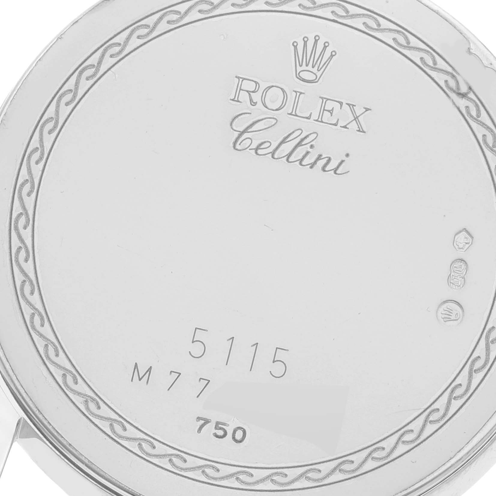 The image shows the engraved back case of a Rolex Cellini 5115 Men's White Gold Silver Dial 5115 Men's White Gold Silver Dial watch, viewed from the back angle.