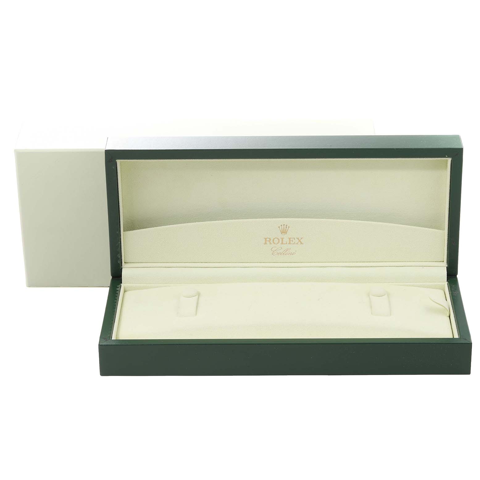 This image shows an open green Rolex Cellini 5115 Men's White Gold Silver Dial 5115 Men's White Gold Silver Dial watch box, displaying the interior designed to hold the watch.