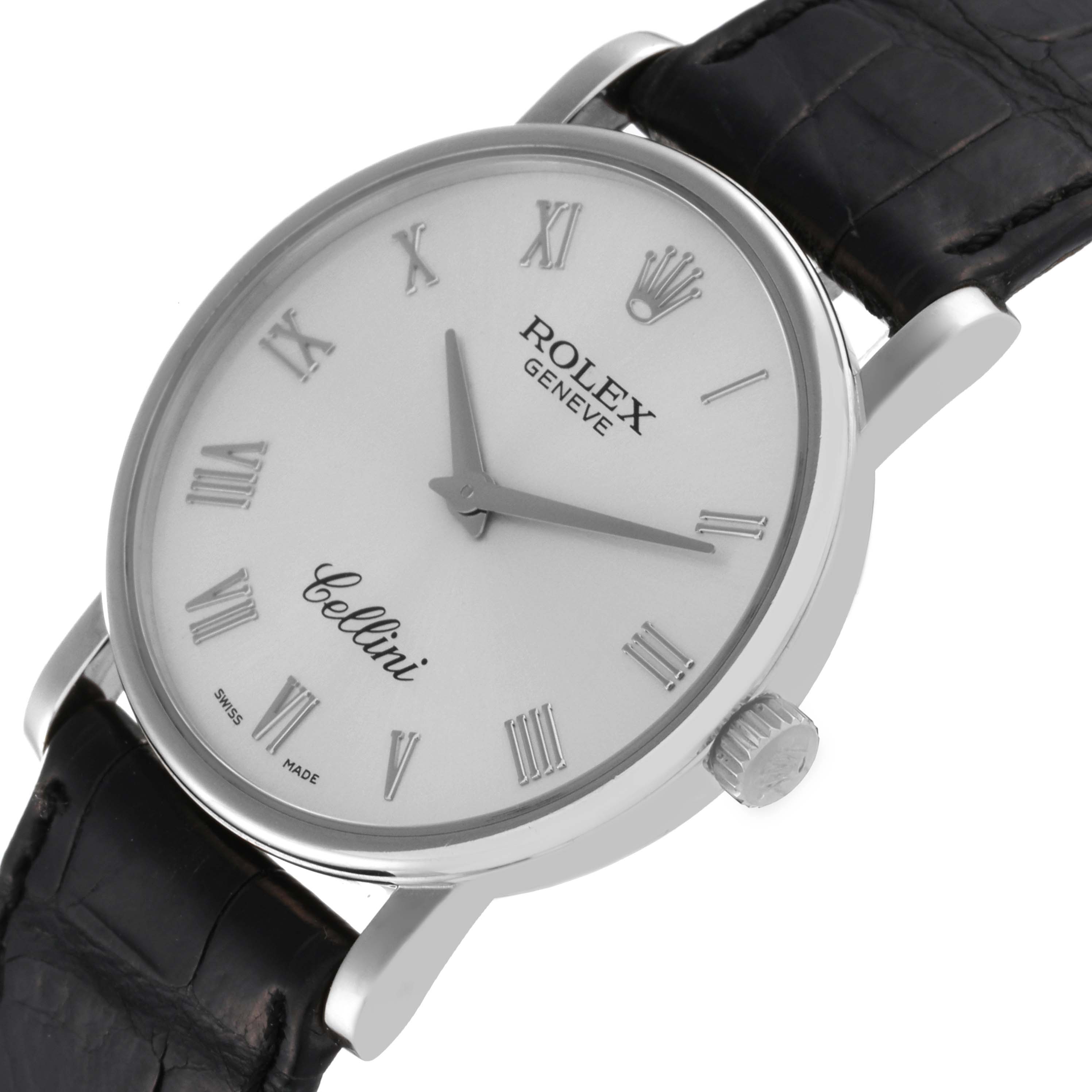 This image shows a Rolex Cellini 5115 Men's White Gold Silver Dial 5115 Men's White Gold Silver Dial watch from a slightly angled top view, highlighting the face, crown, and part of the leather strap.