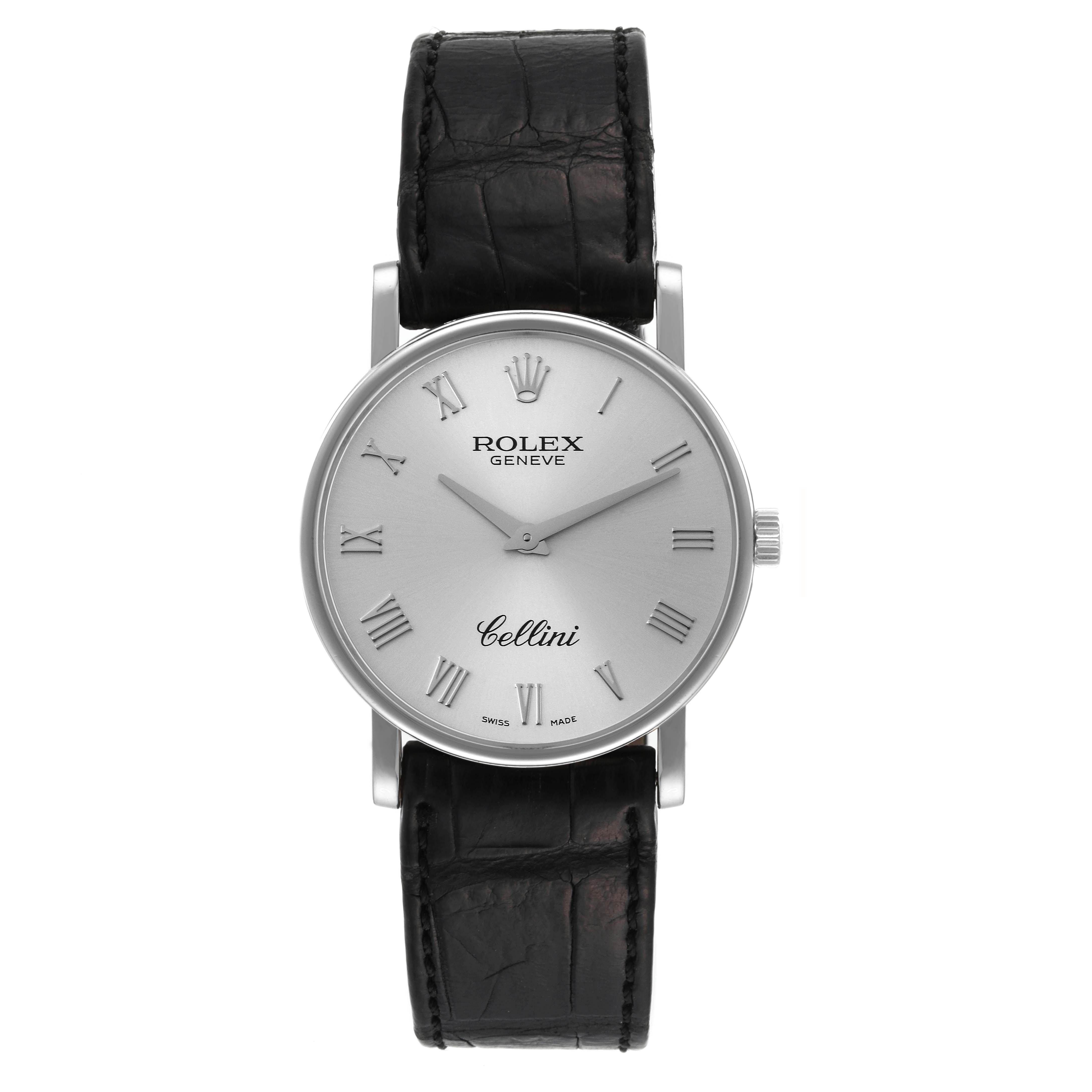 The image shows a front view of the Rolex Cellini 5115 Men's White Gold Silver Dial 5115 Men's White Gold Silver Dial watch, highlighting its dial, case, crown, and leather strap.
