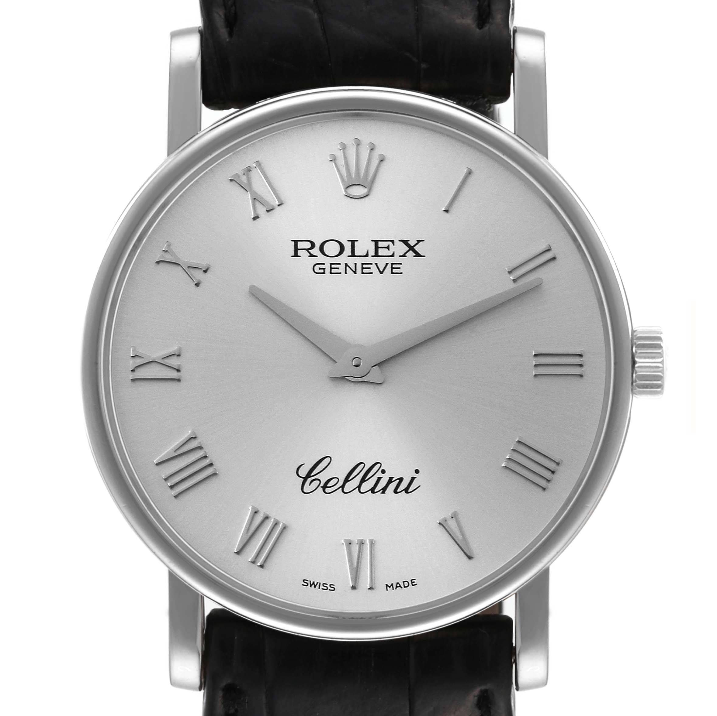 The image shows a front view of a Rolex Cellini 5115 Men's White Gold Silver Dial 5115 Men's White Gold Silver Dial watch, displaying its dial, hands, crown, and part of the strap.