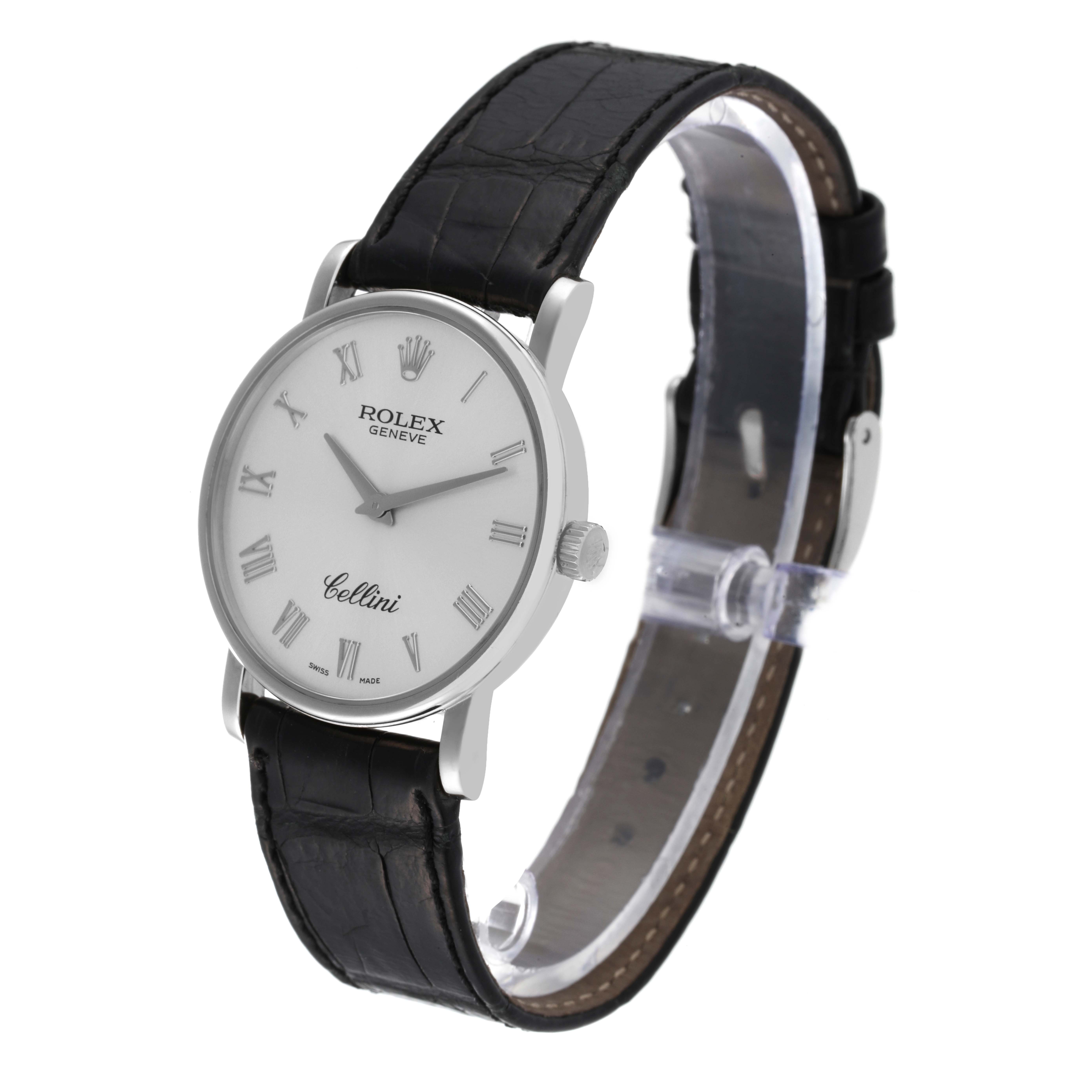 This image shows a Rolex Cellini 5115 Men's White Gold Silver Dial 5115 Men's White Gold Silver Dial watch from a slight side angle, displaying the dial, case, crown, and leather strap.