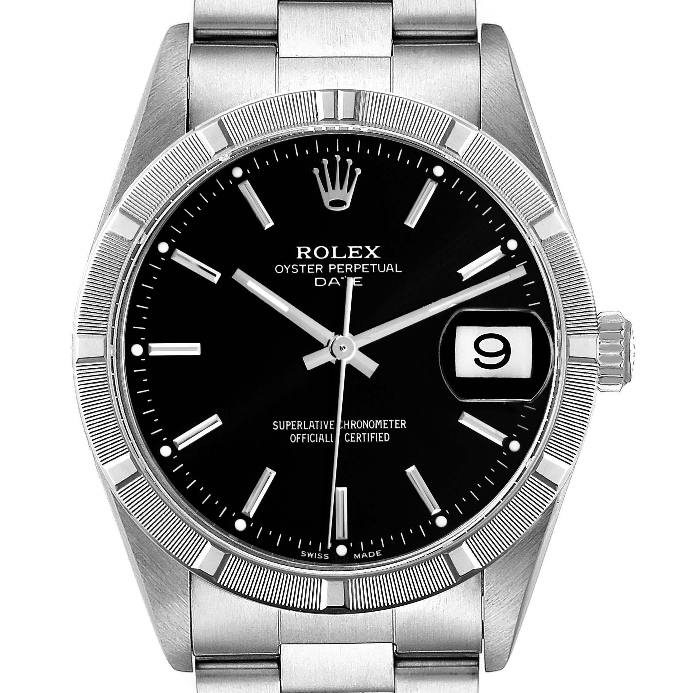 The image shows the front view of a Rolex Oyster Perpetual Date watch, highlighting its black dial, date window, and stainless steel bracelet.