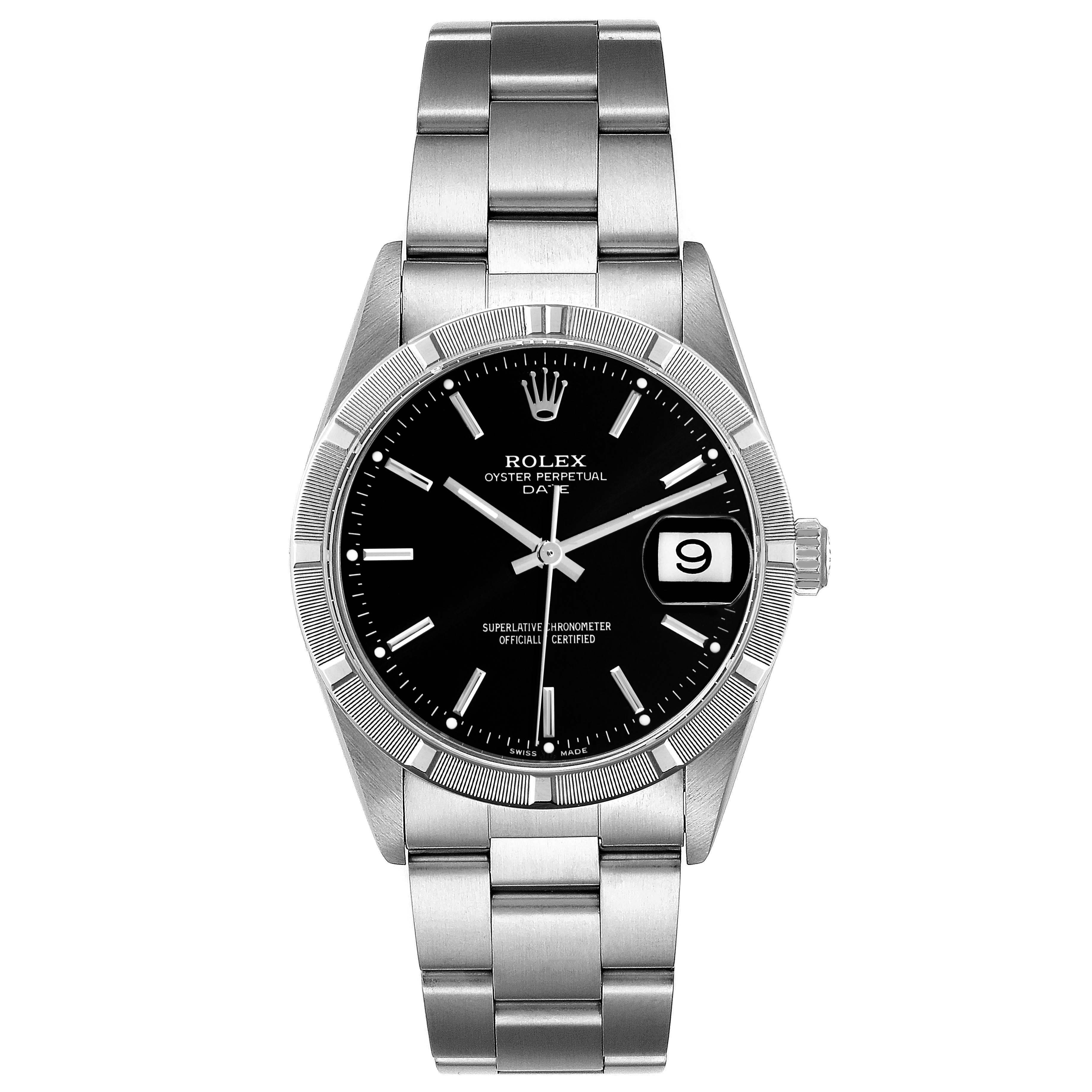 This image shows a Rolex Date 15210 Men's Stainless Steel Black Dial 15210 Men's Stainless Steel Black Dial model watch from the front view displaying its dial, bezel, and bracelet.