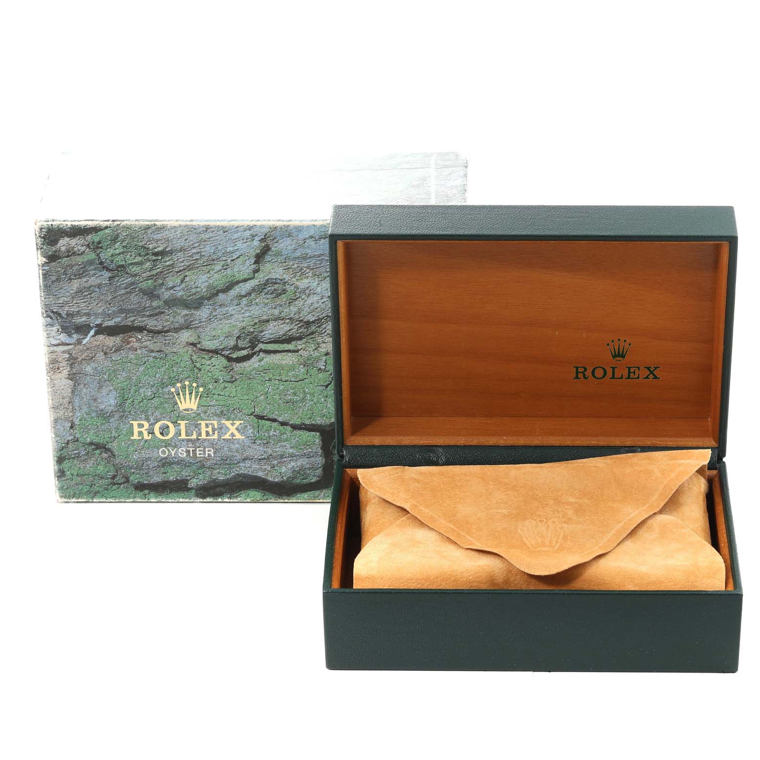 The image shows a Rolex Date 15210 Men's Stainless Steel Black Dial 15210 Men's Stainless Steel Black Dial model watch box and leather pouch, viewed from the front with the box open.