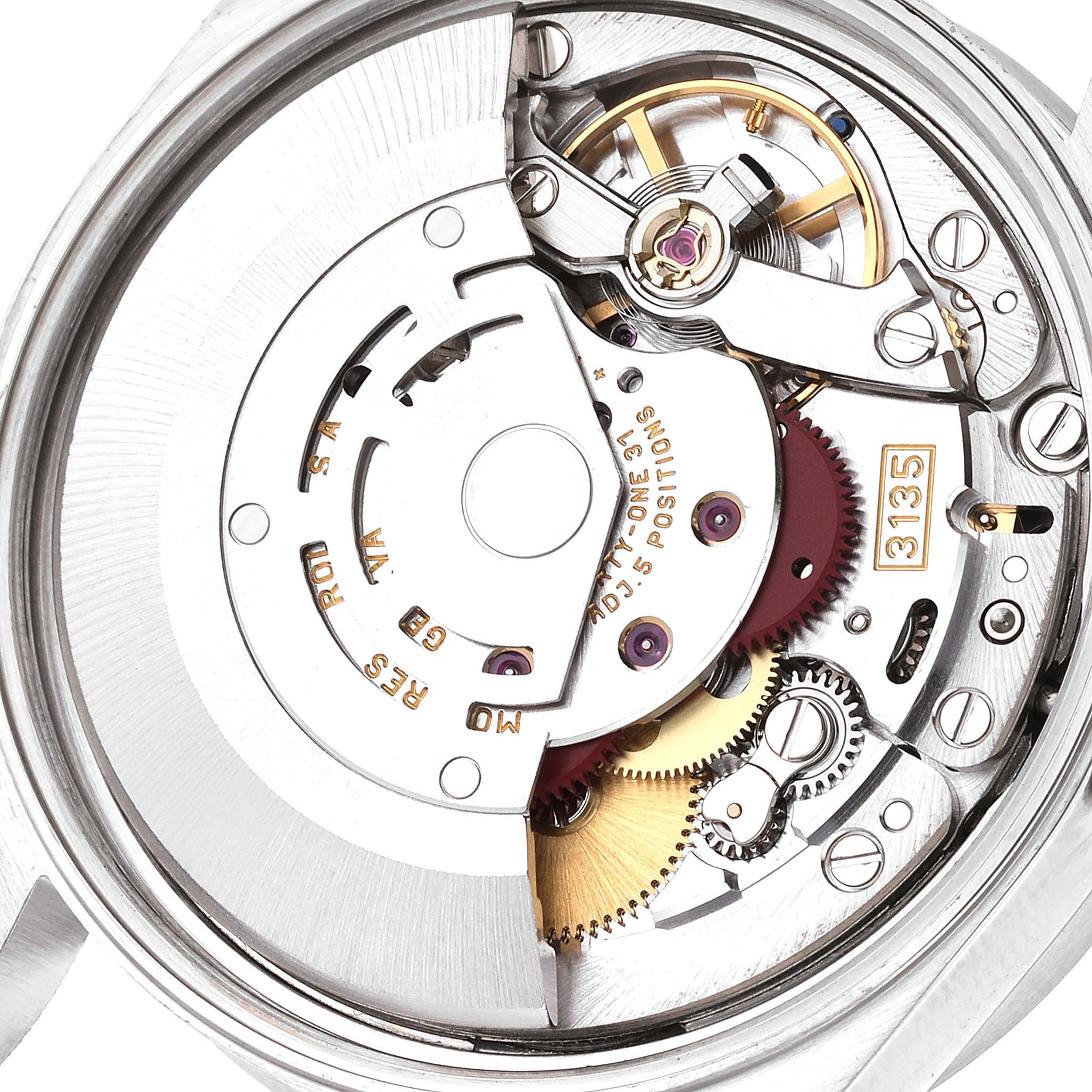This is a close-up view of the movement and inner workings of a Rolex Date 15210 Men's Stainless Steel Black Dial 15210 Men's Stainless Steel Black Dial watch model.
