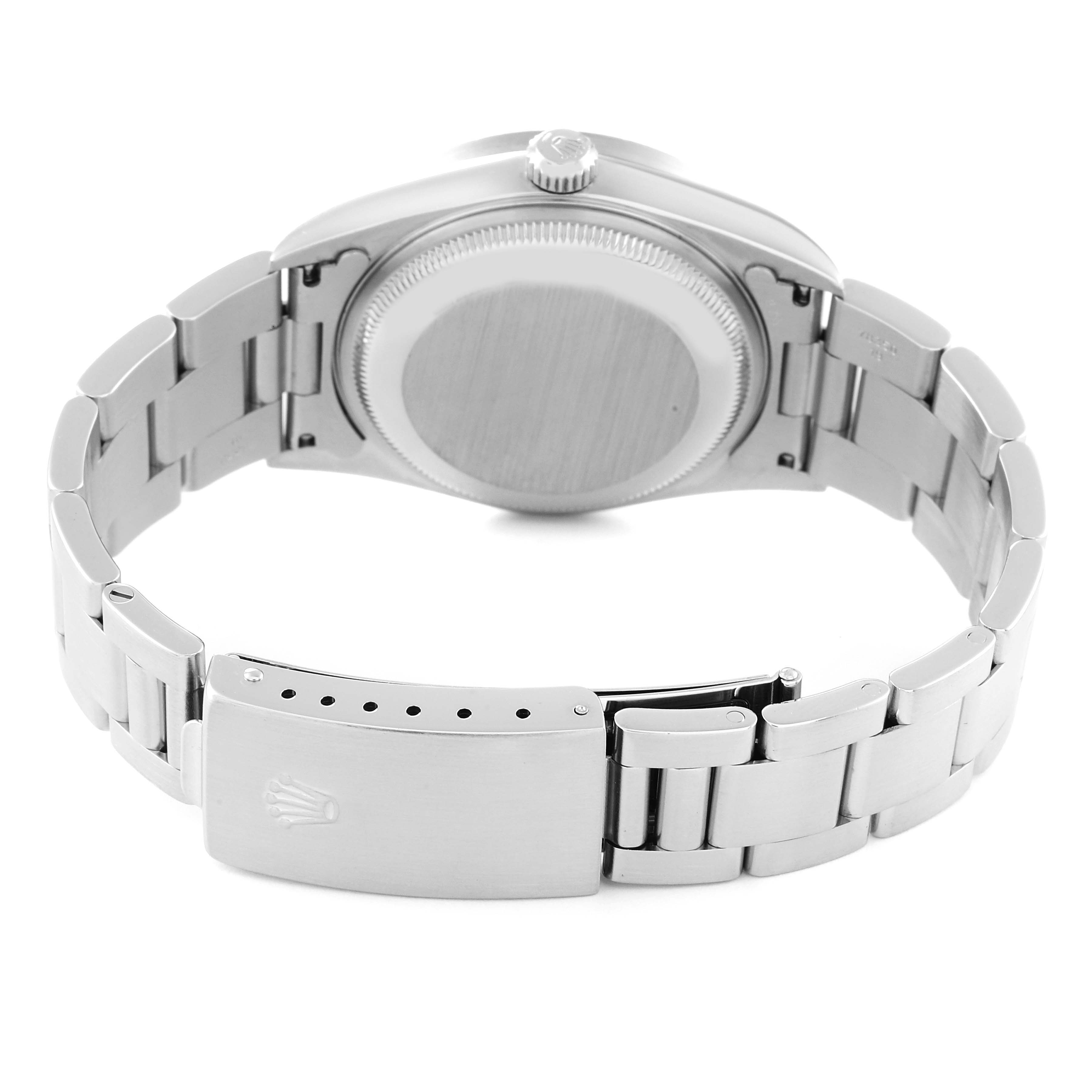 This image shows the back case and bracelet of a Rolex Date 15210 Men's Stainless Steel Black Dial 15210 Men's Stainless Steel Black Dial model watch.