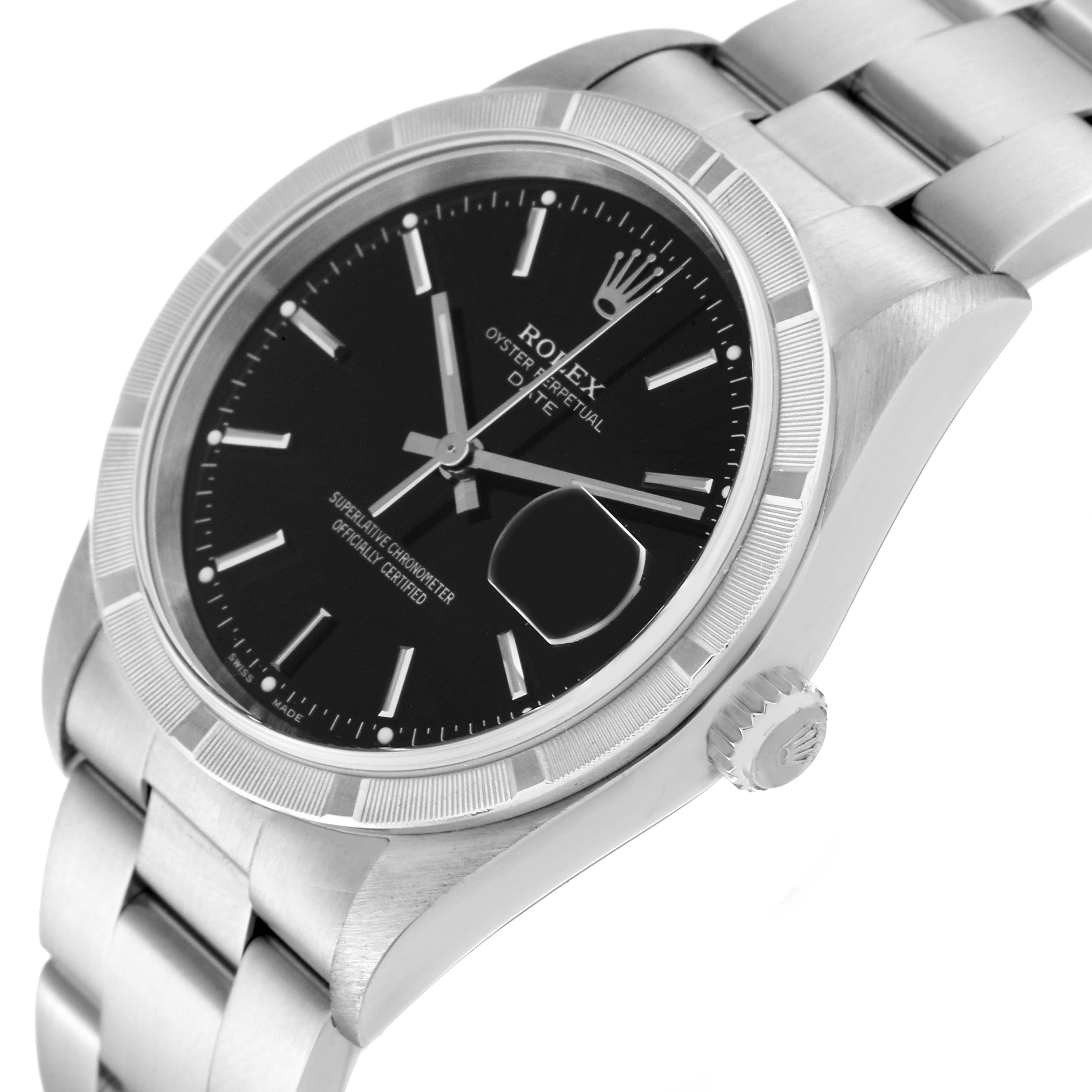 The image shows a side angle of the Rolex Date 15210 Men's Stainless Steel Black Dial 15210 Men's Stainless Steel Black Dial model watch, highlighting the crown, bezel, bracelet, and black dial.