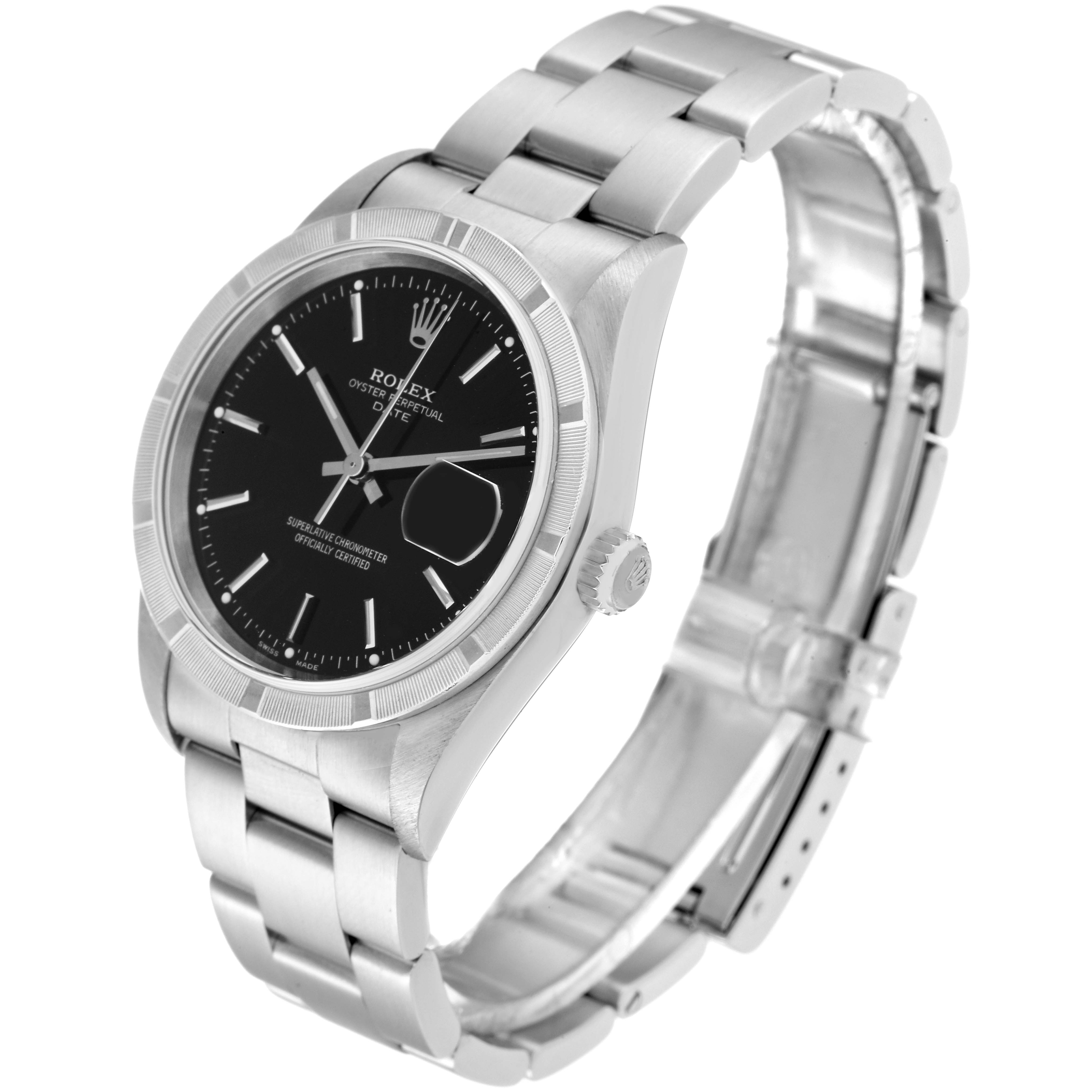 The Rolex Date 15210 Men's Stainless Steel Black Dial 15210 Men's Stainless Steel Black Dial model watch is shown at a three-quarter angle, highlighting the face, bezel, crown, and bracelet.