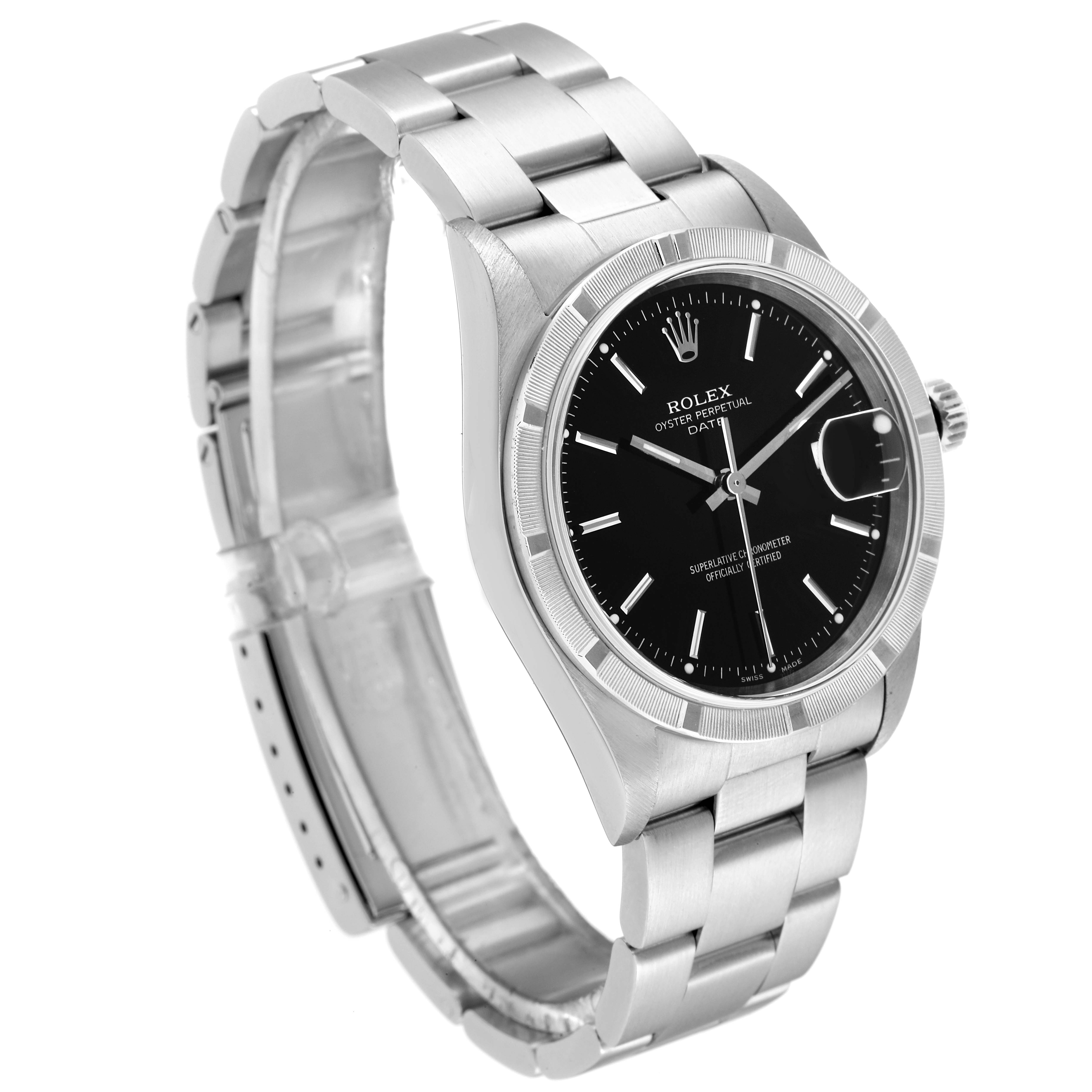 The Rolex Date 15210 Men's Stainless Steel Black Dial 15210 Men's Stainless Steel Black Dial watch is shown at an angle displaying the face, bezel, 3-link stainless steel bracelet, and clasp.