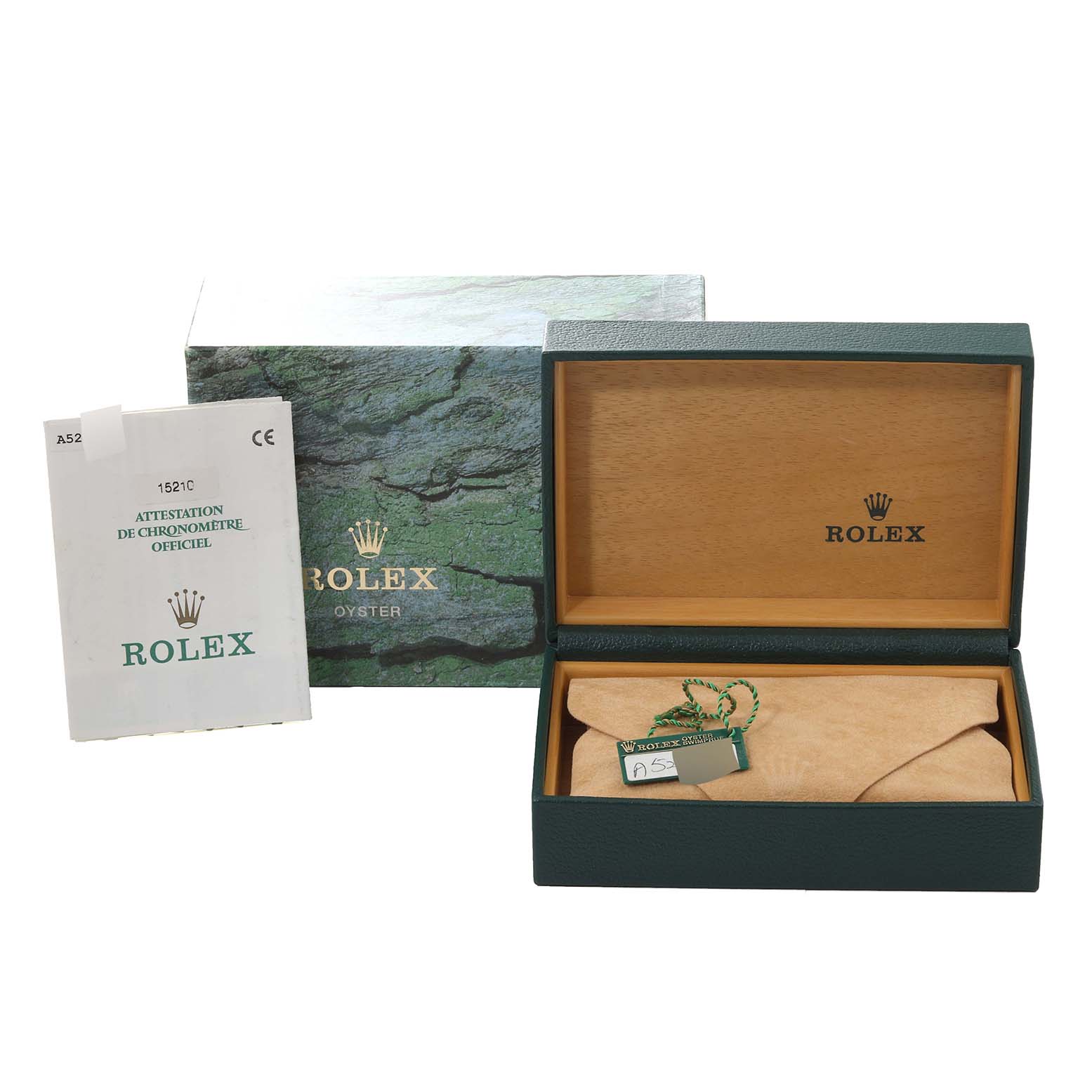 The image shows an open Rolex Date 15210 Men's Stainless Steel Pink Dial 15210 Men's Stainless Steel Pink Dial model watch box, warranty papers, and packaging from a front angle.