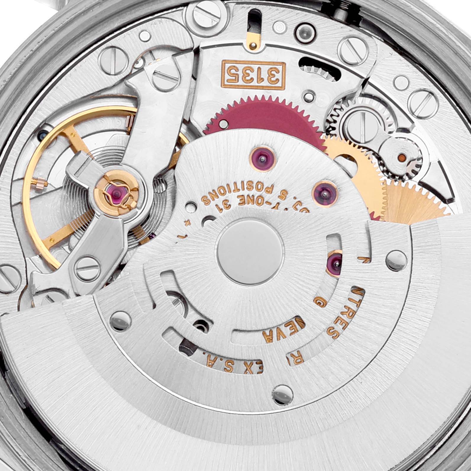 This close-up image shows the intricate internal mechanism of the Rolex Date 15210 Men's Stainless Steel Pink Dial 15210 Men's Stainless Steel Pink Dial model watch.
