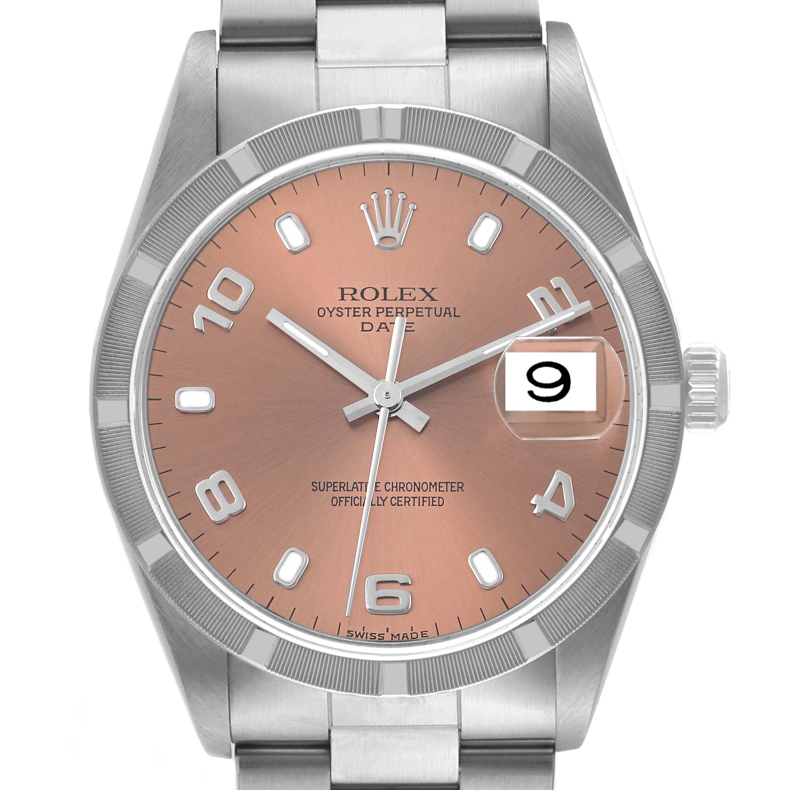 The image shows a Rolex Date 15210 Men's Stainless Steel Pink Dial 15210 Men's Stainless Steel Pink Dial model watch head-on, featuring its face, bezel, and part of the bracelet.