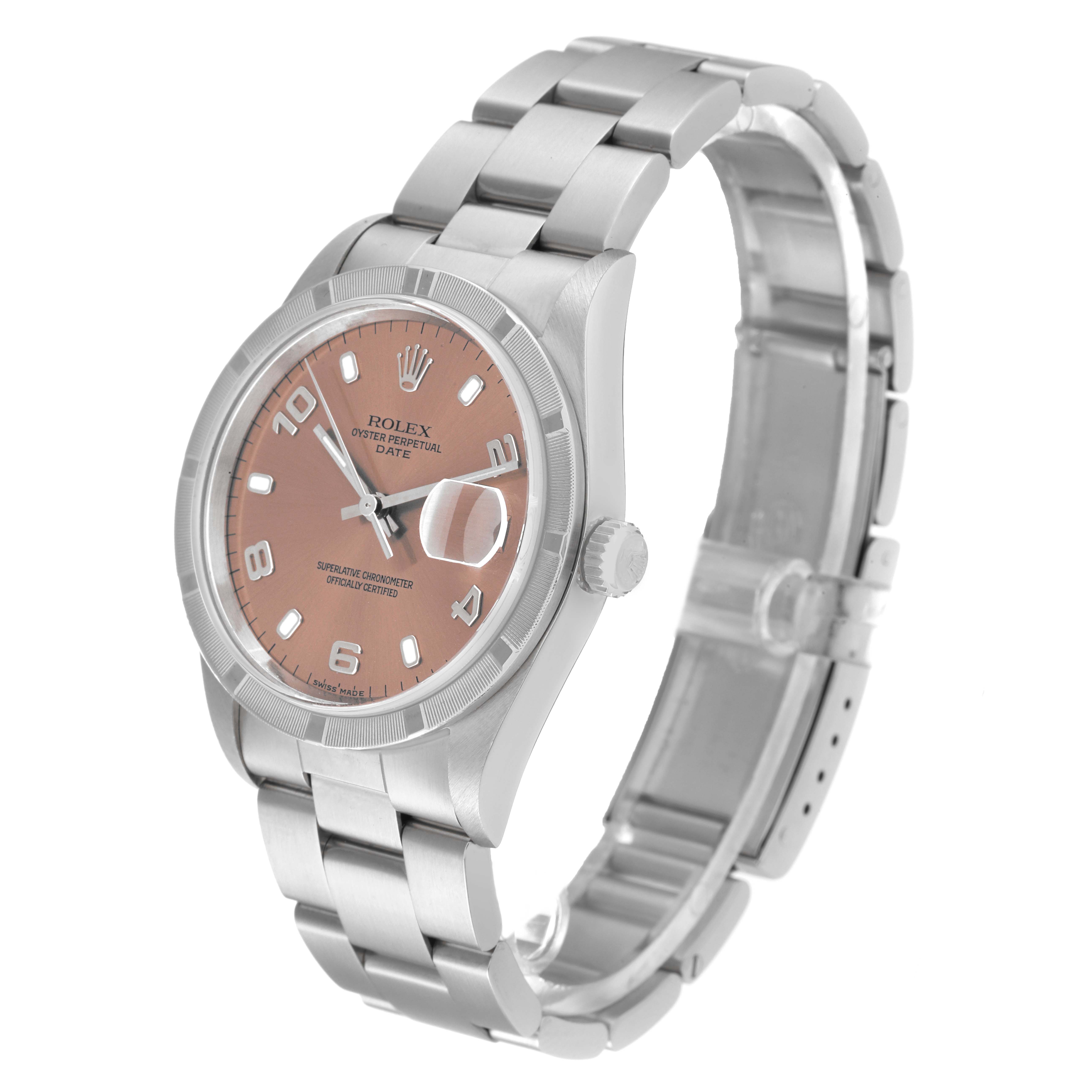 The image shows a Rolex Date 15210 Men's Stainless Steel Pink Dial 15210 Men's Stainless Steel Pink Dial model watch at a three-quarter angle, highlighting the face, bracelet, and clasp.