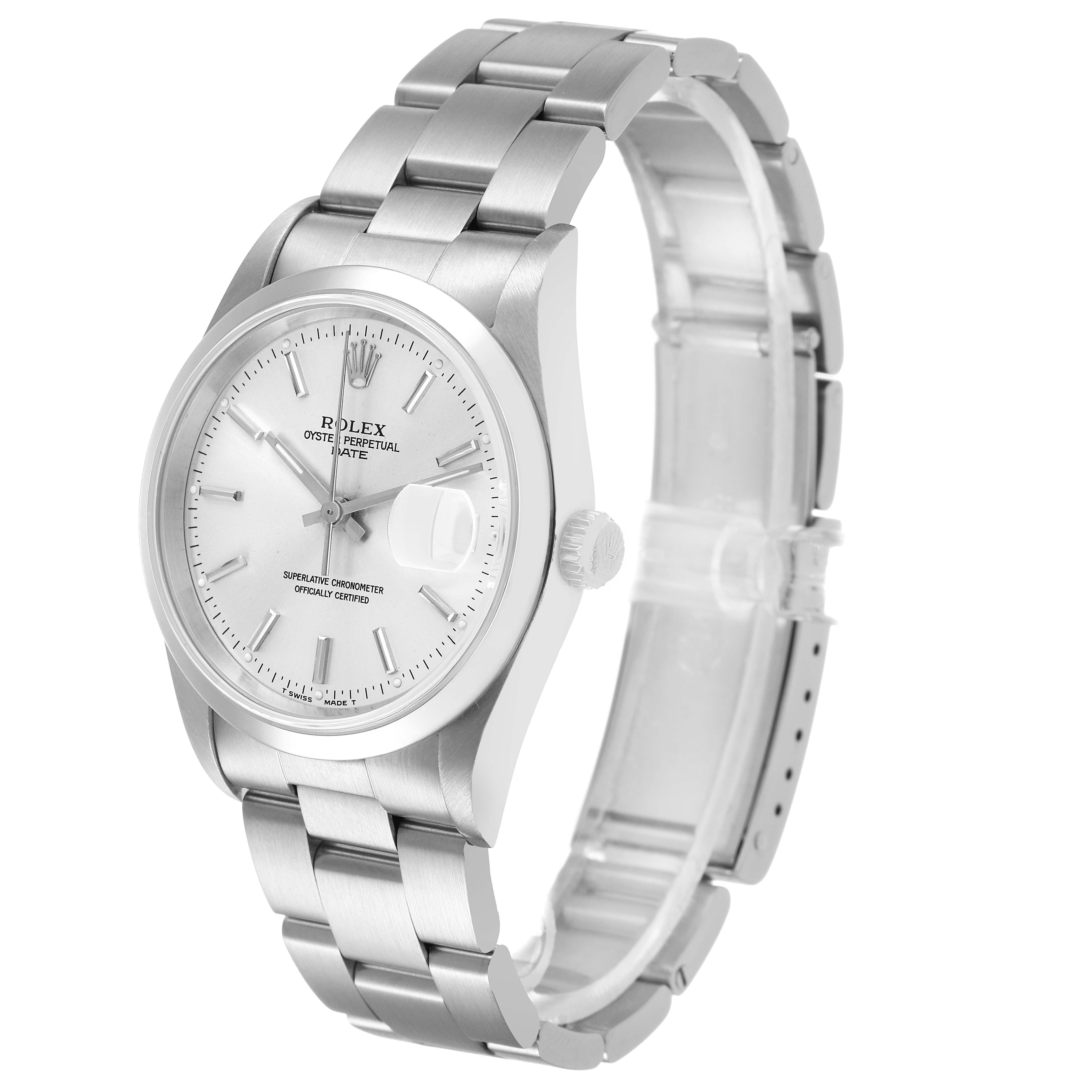 The Rolex Date 15200 Men's Stainless Steel Silver Dial watch is shown at a side angle, displaying the case, dial, bracelet, and crown.