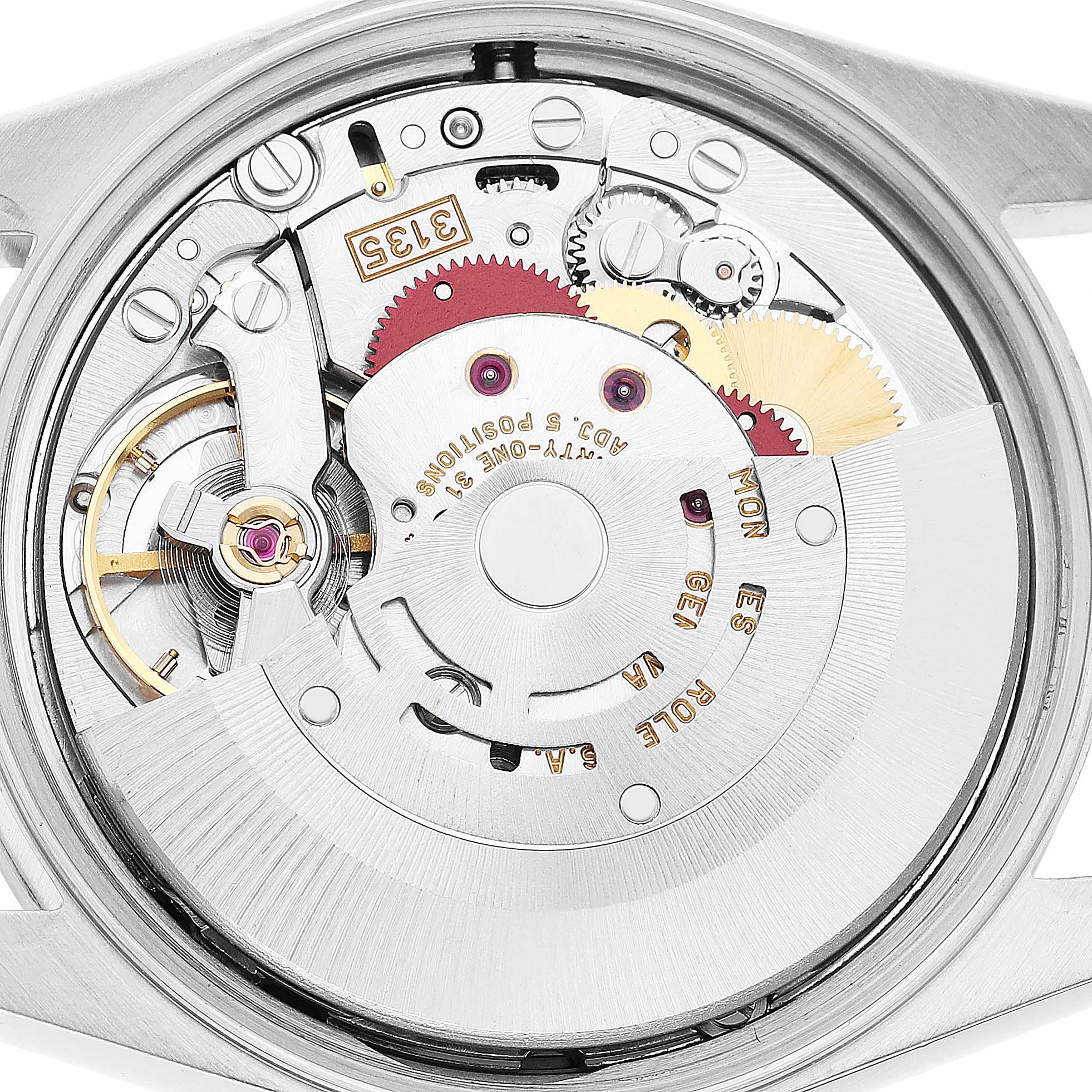 The image shows the movement mechanism of a Rolex Date 15200 Men's Stainless Steel Silver Dial watch, viewed from the back.