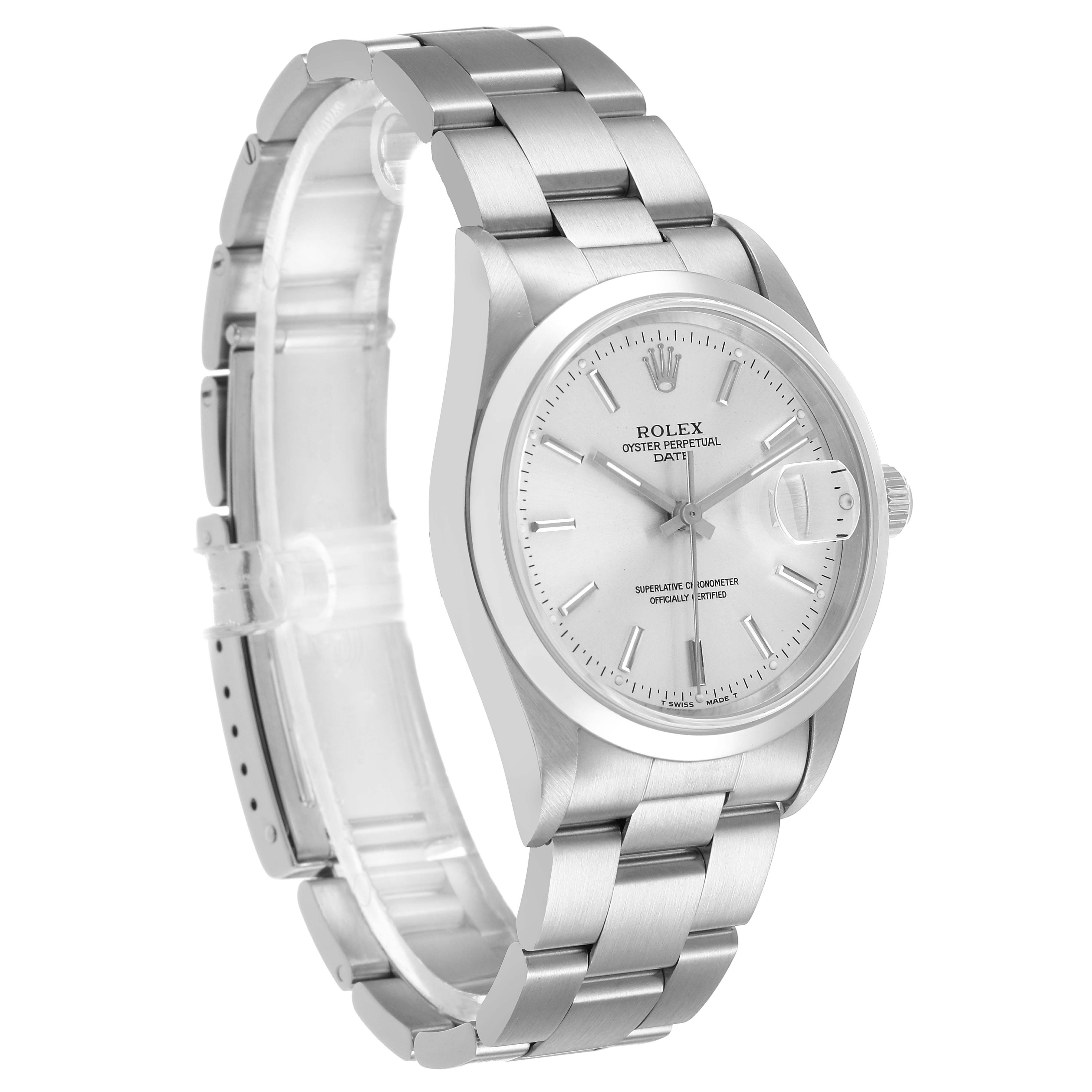 The Rolex Date 15200 Men's Stainless Steel Silver Dial model is shown at a three-quarter angle, displaying the dial, crown, and stainless steel bracelet.