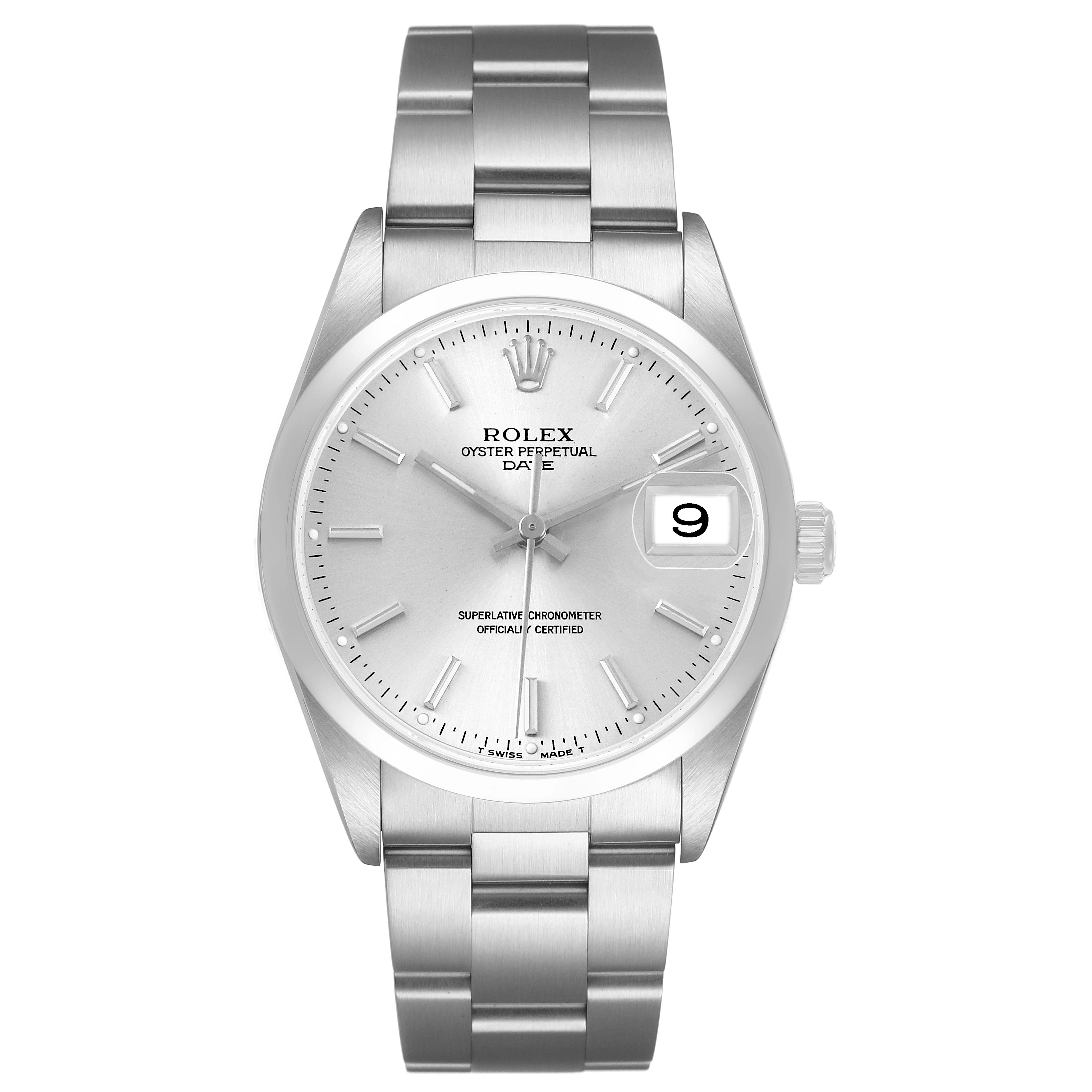The Rolex Date 15200 Men's Stainless Steel Silver Dial watch is shown from the front, displaying its dial, hands, date window, bezel, and bracelet.